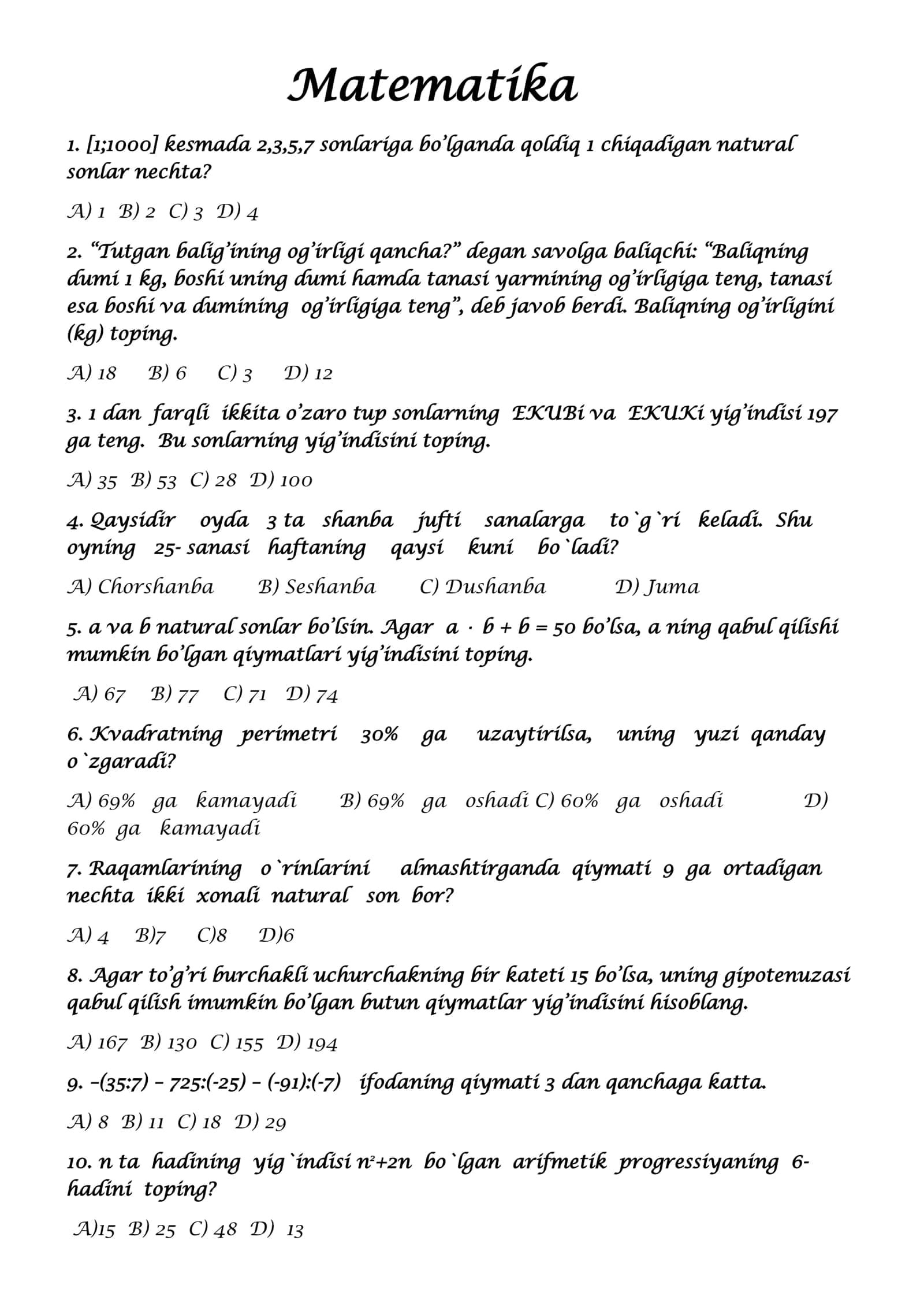 Matematika savollar