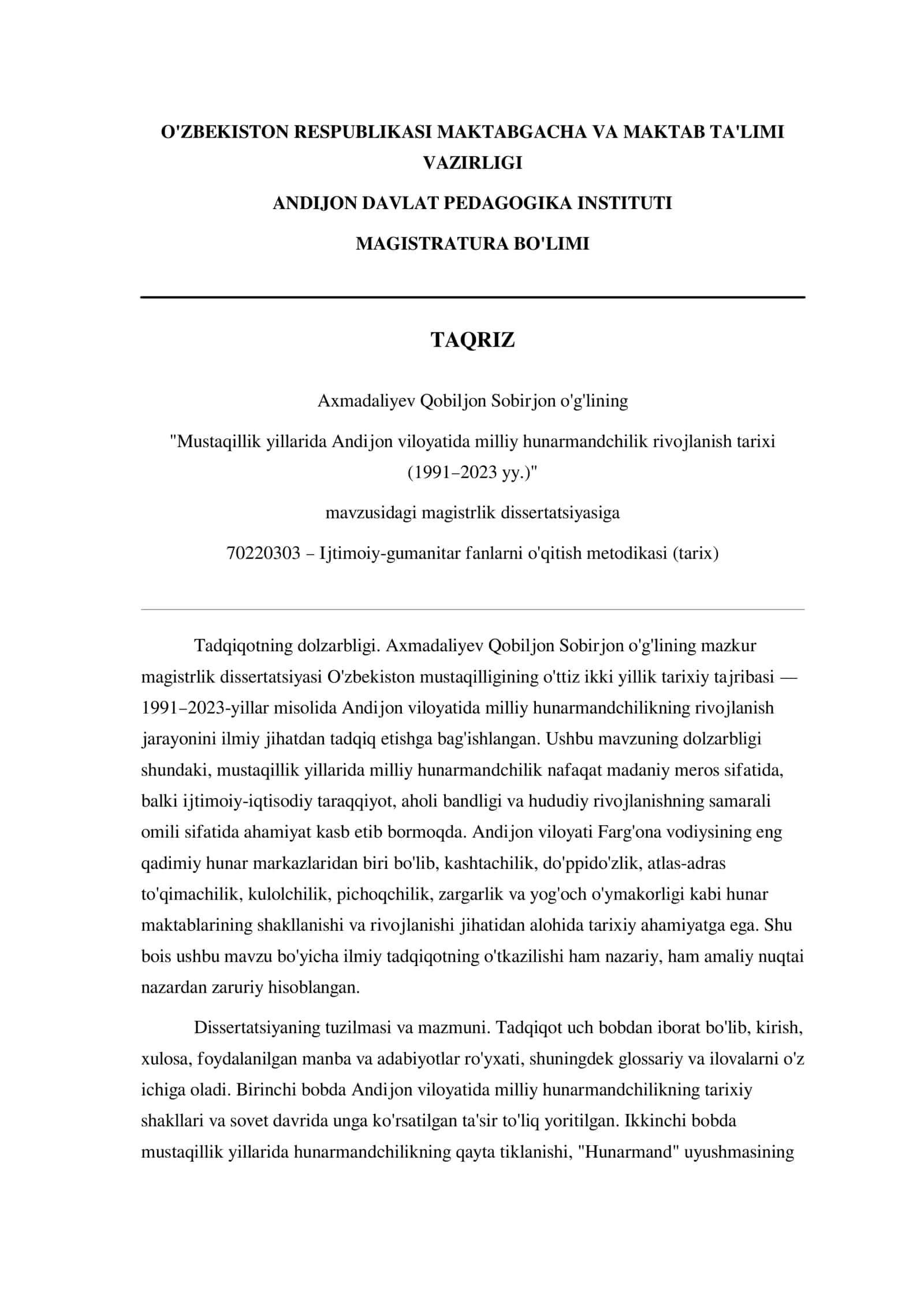 Mustaqillik yillarida Andijon viloyatida milliy hunarmandchilik rivojlanish tarixi (1991–2023 yy.)