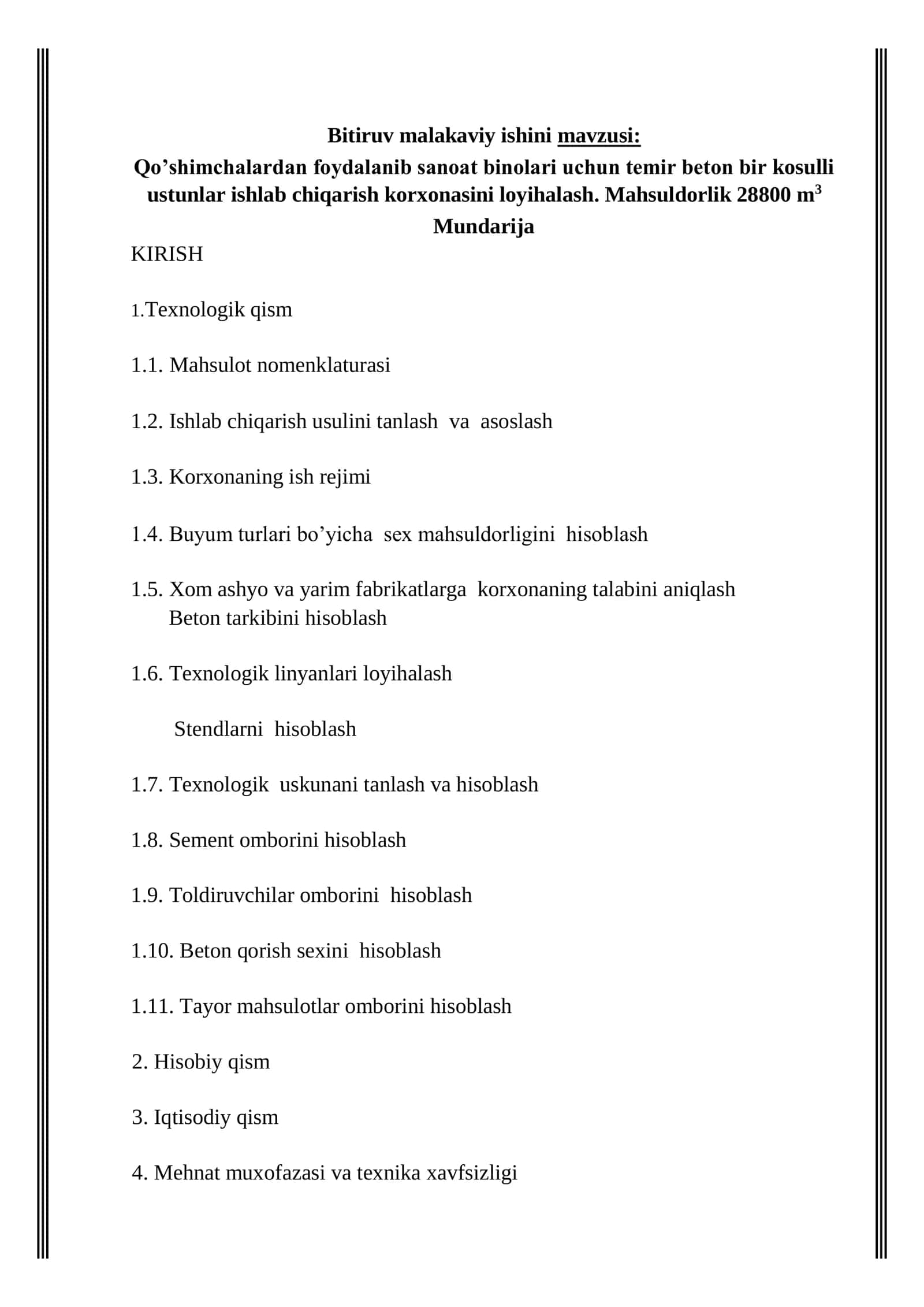 Sanoat binolari uchun temir beton bir kosulli ustunlar ishlab chiqarish korxonasini loyihalash