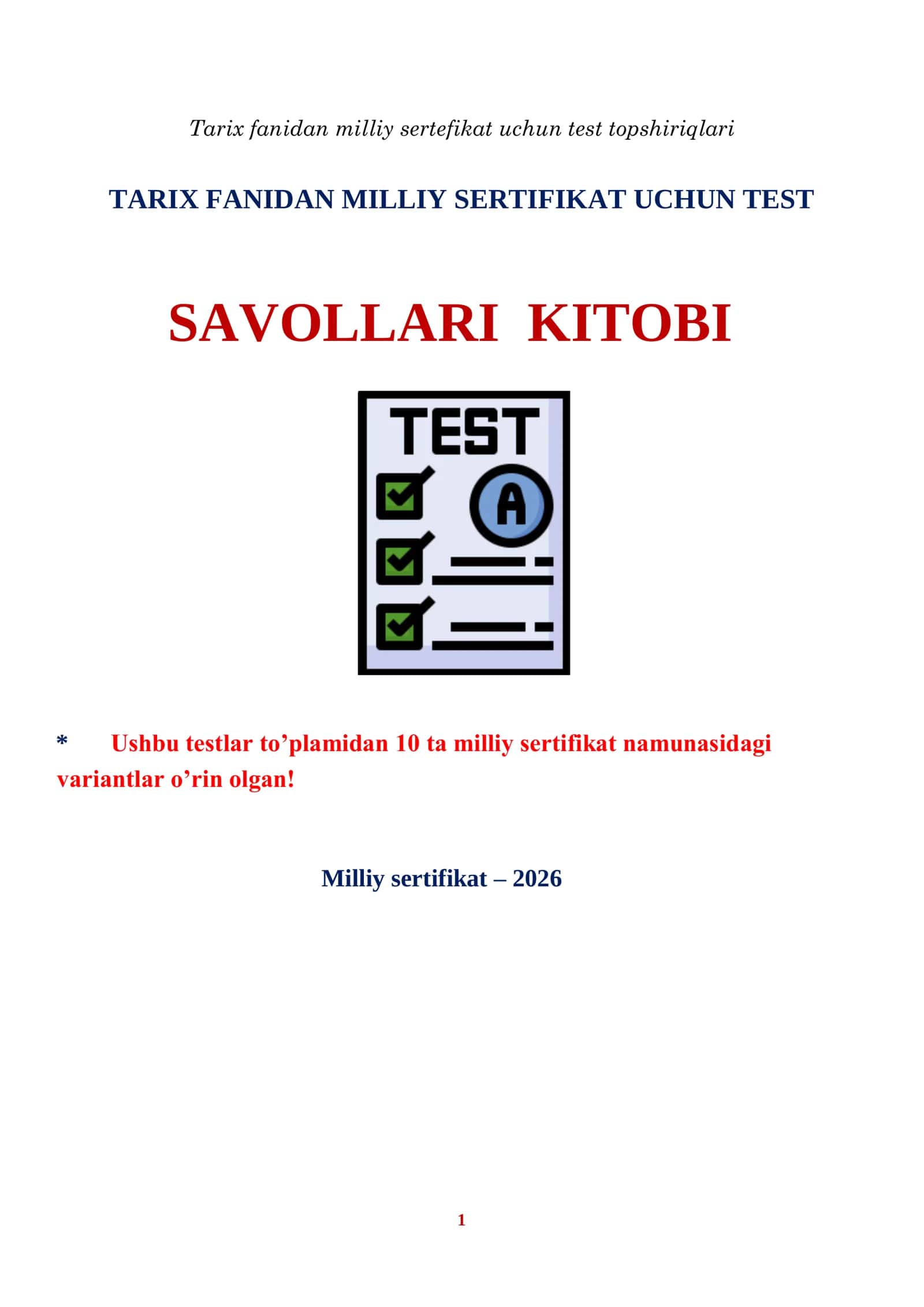 TARIX MILLIY SERTIFIKAT TEST JAVOBLAR KITOBI