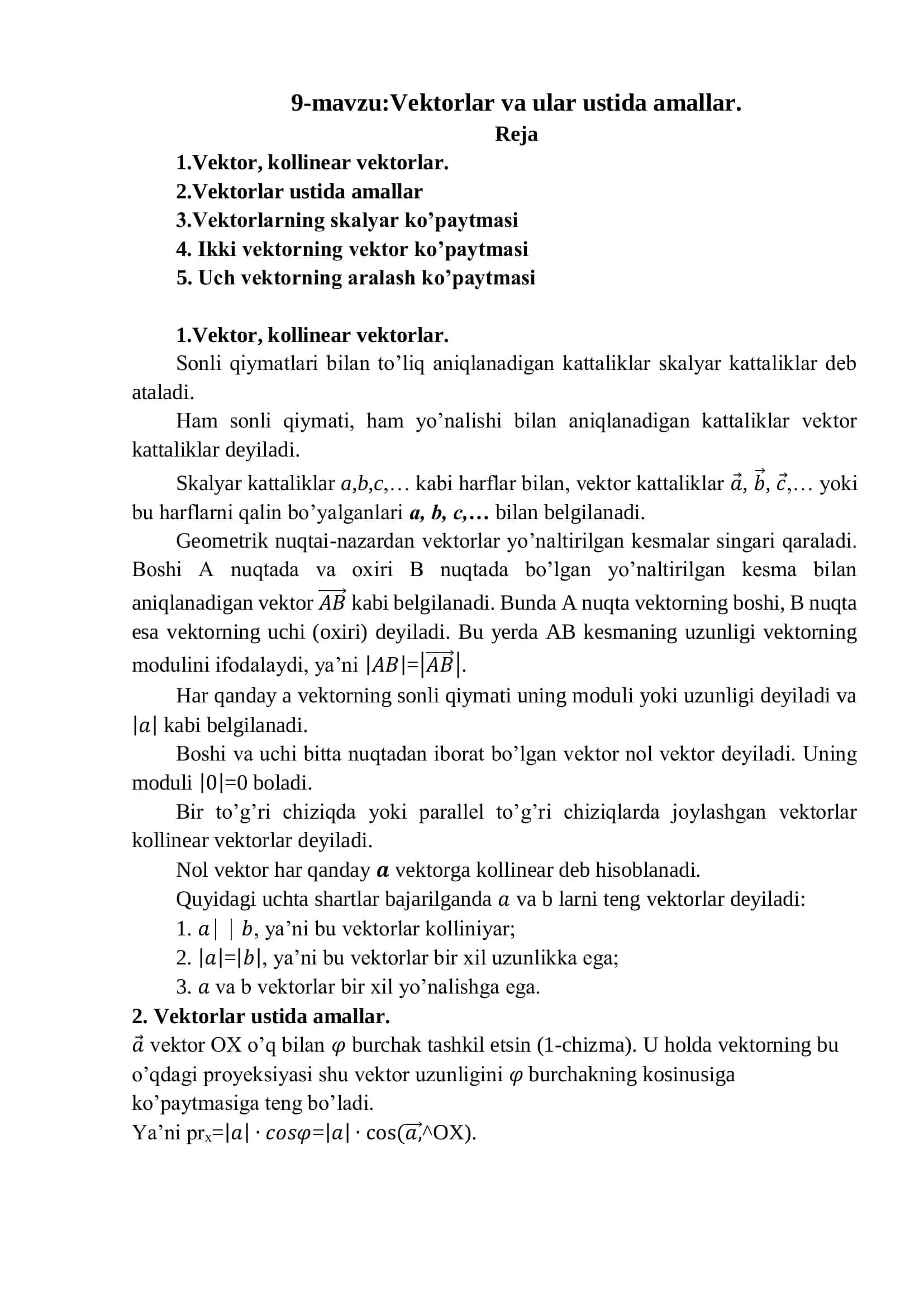 Vektorlar va ular ustida amallar