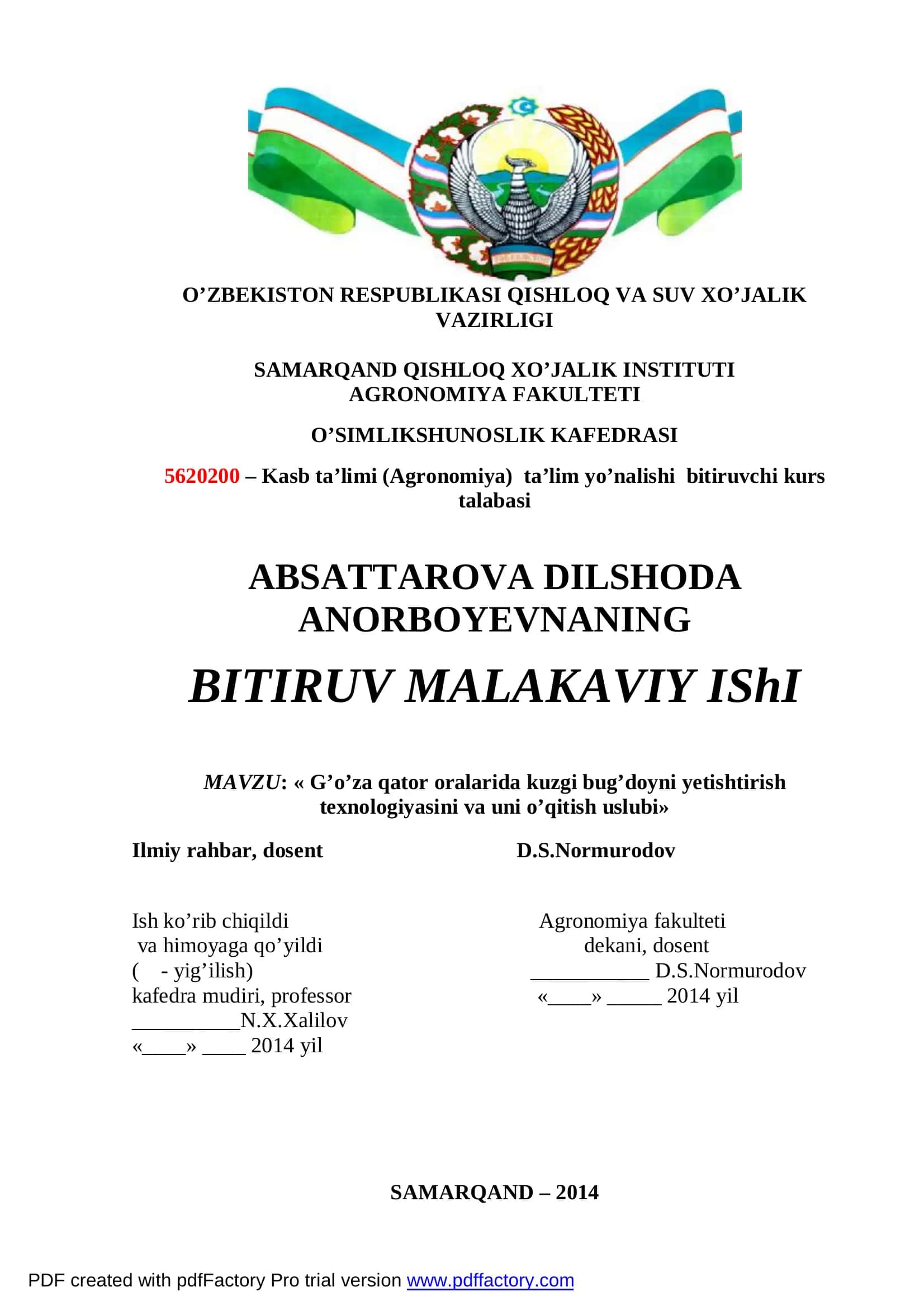 G’o’za qator oralarida kuzgi bug’doyni yetishtirish texnologiyasini va uni o’qitish uslubi