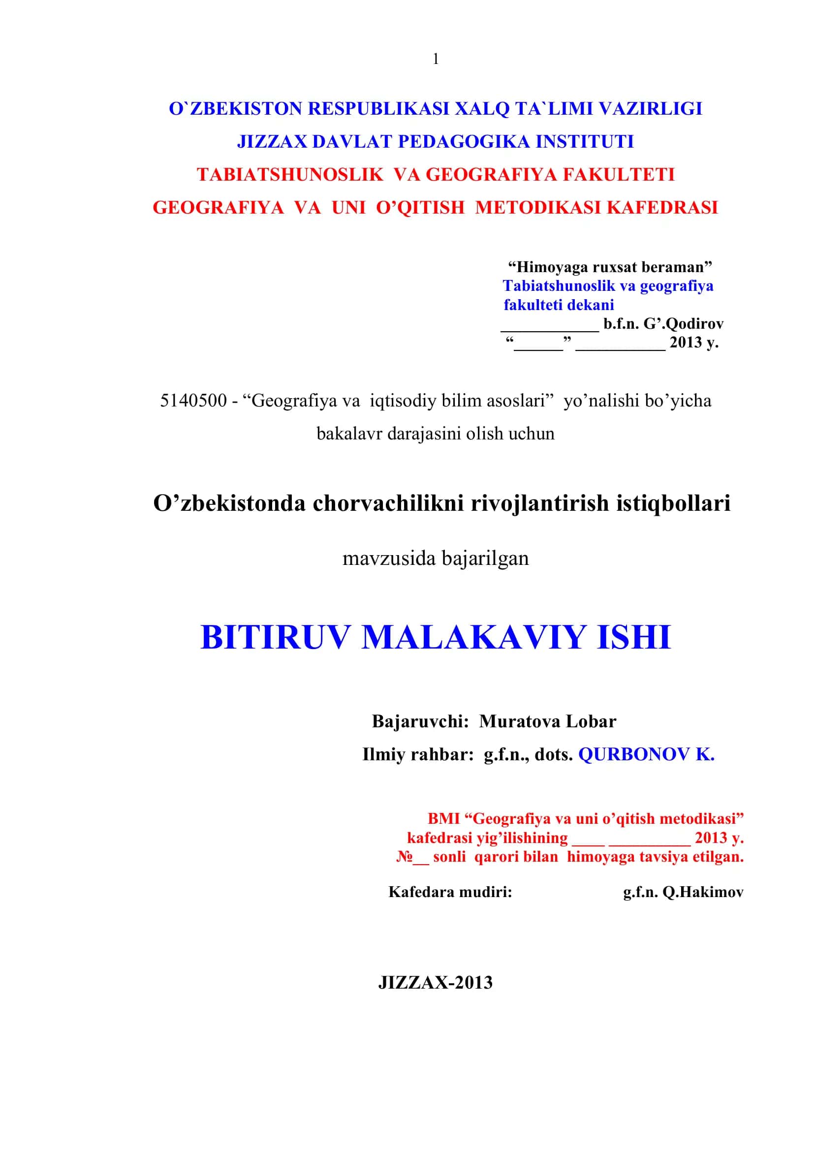 O`zbekistonda chorvachilikni rivojlantirish istiqbollari