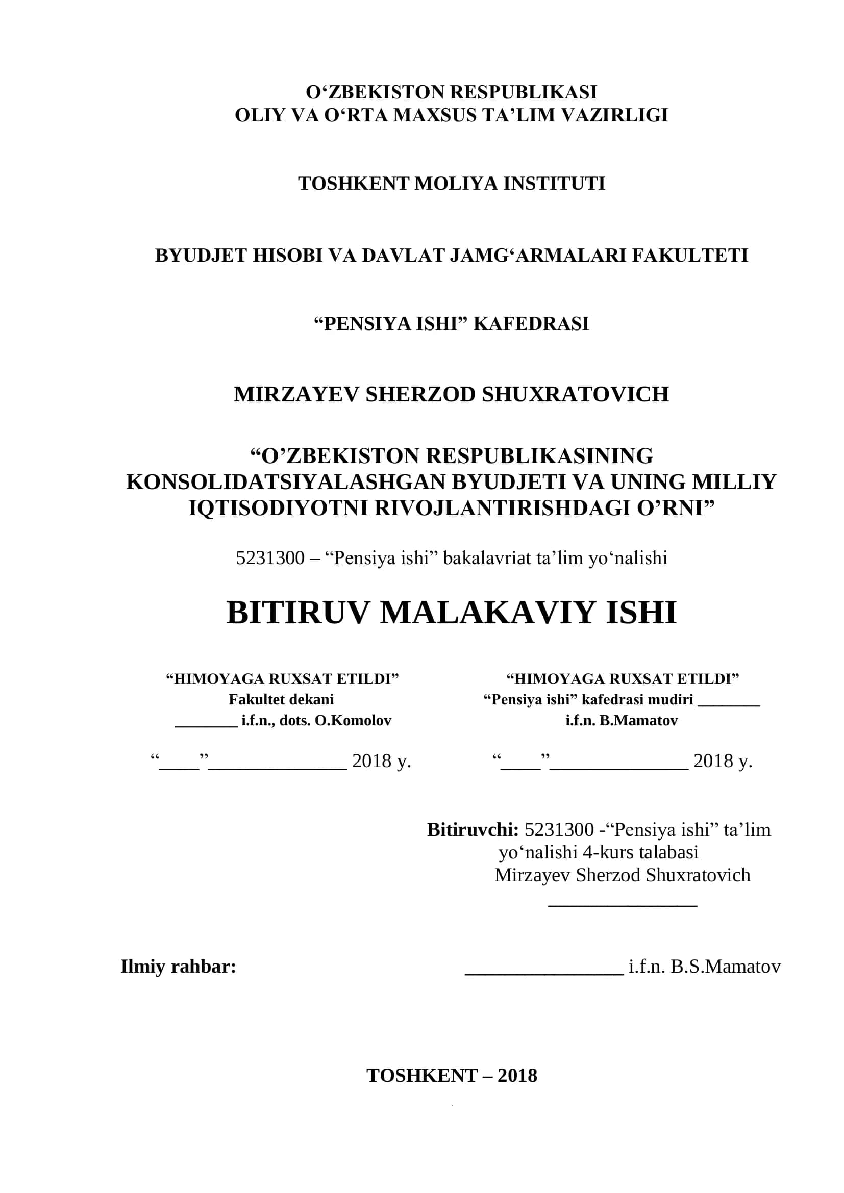 Pensiya ishi bakalavriat ta’lim yo‘nalishi
