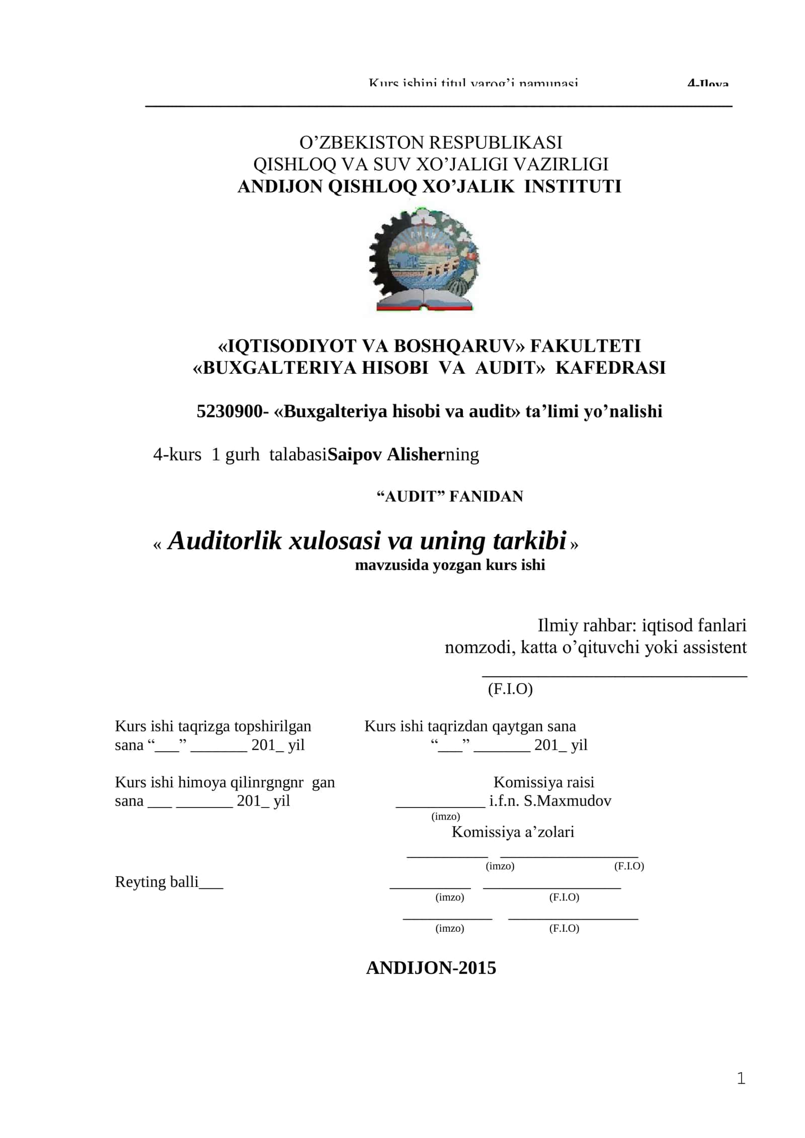 Auditorlik xulosasi va uning tarkibi