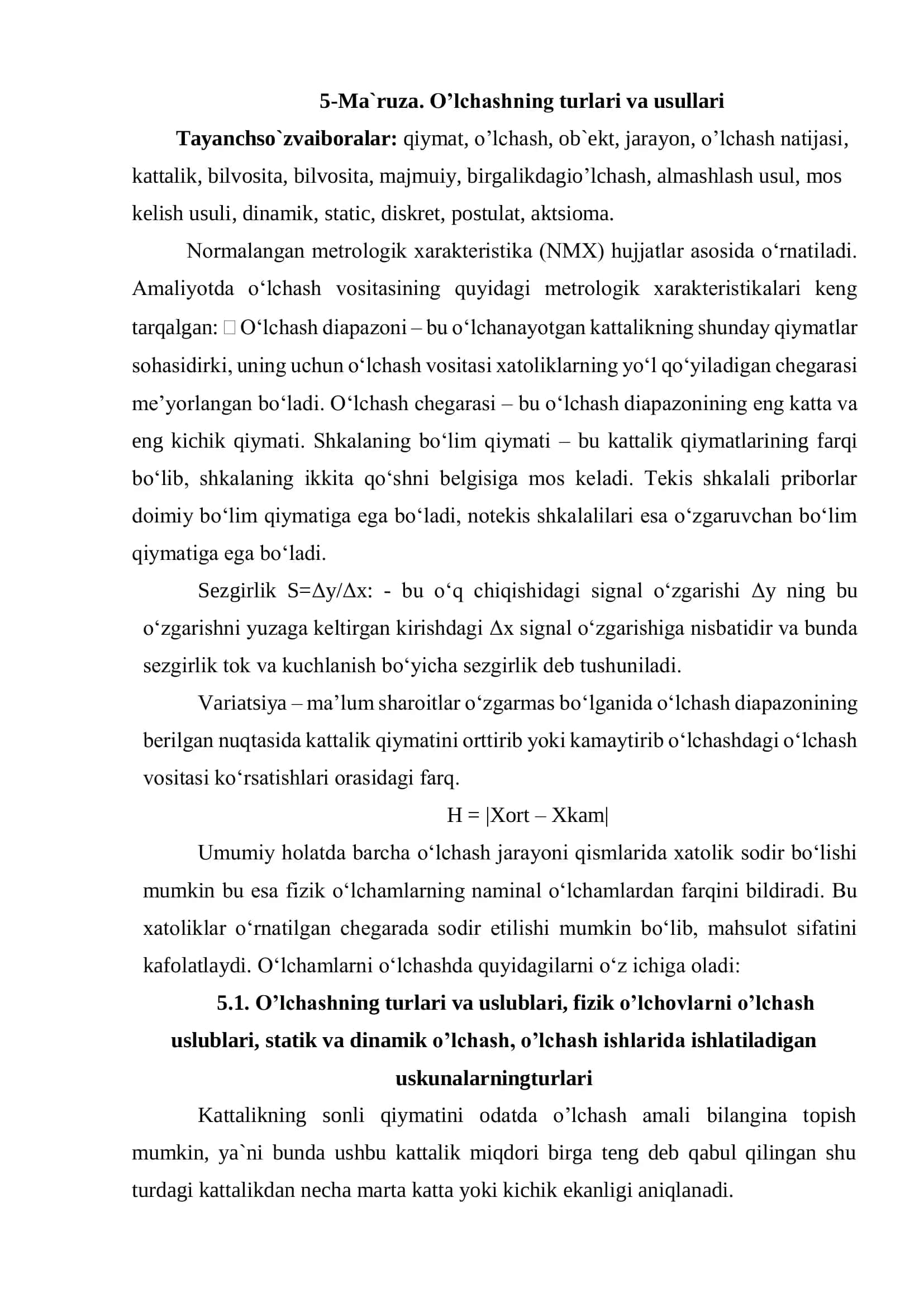 5-Ma`ruza. O’lchashning turlari va usullari