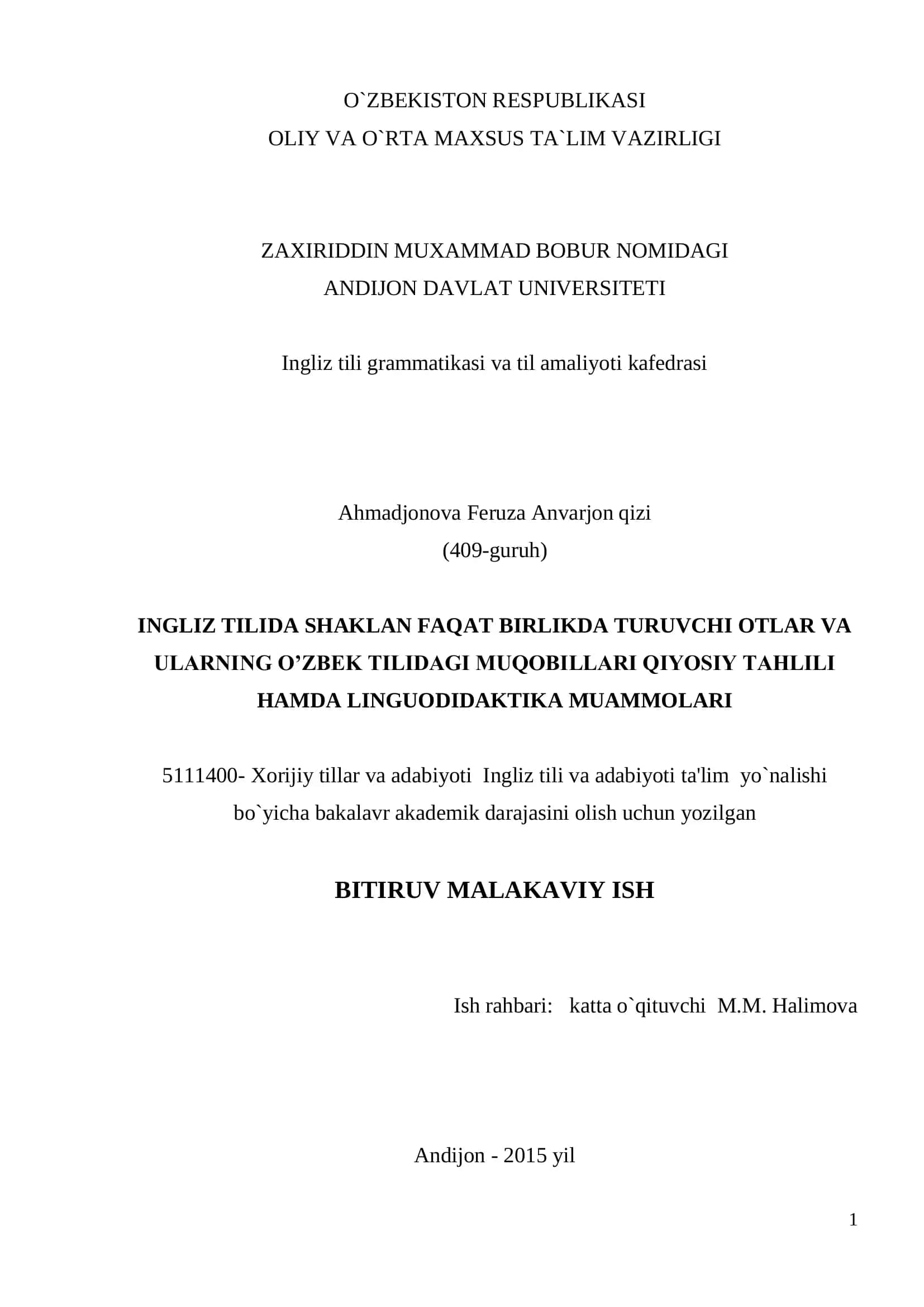 Ingliz tili grammatikasi va til amaliyoti kafedrasi