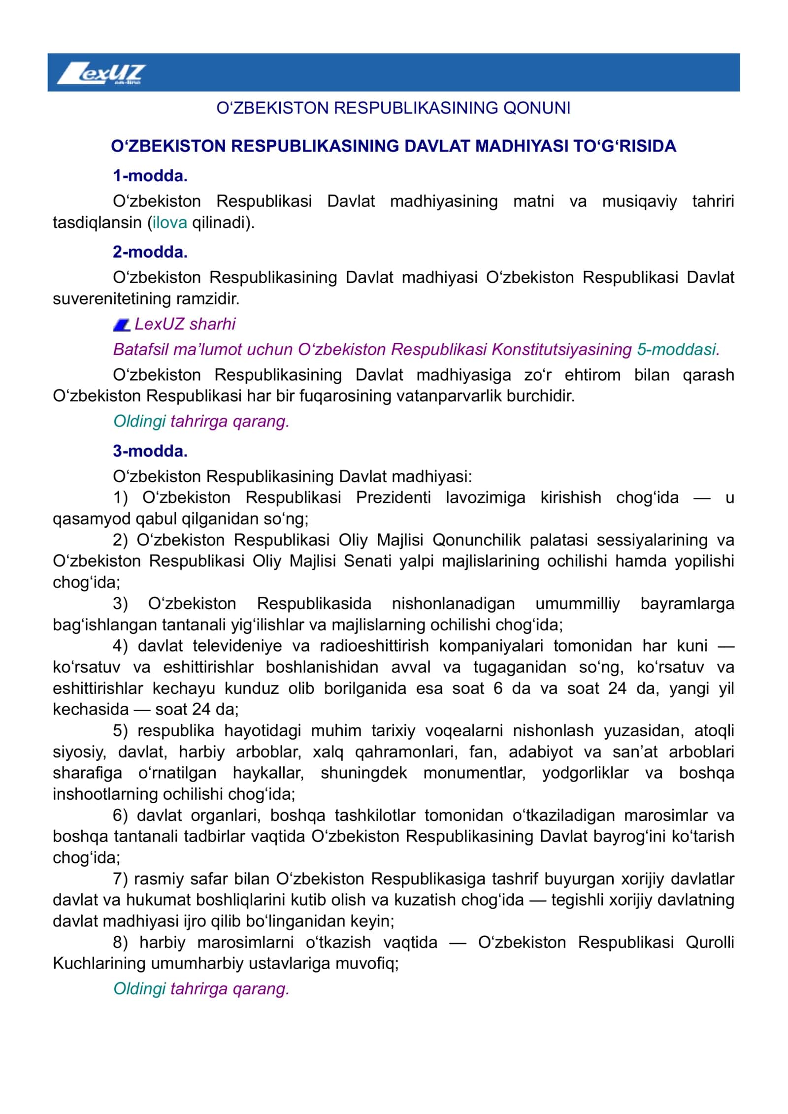 O‘ZBEKISTON RESPUBLIKASINING QONUNI