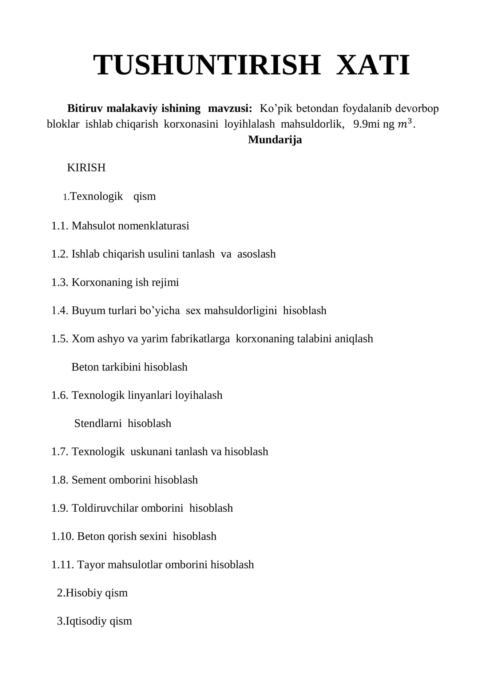 Ko’pik betondan foydalanib devorbop bloklar ishlab chiqarish korxonasini loyihlalash
