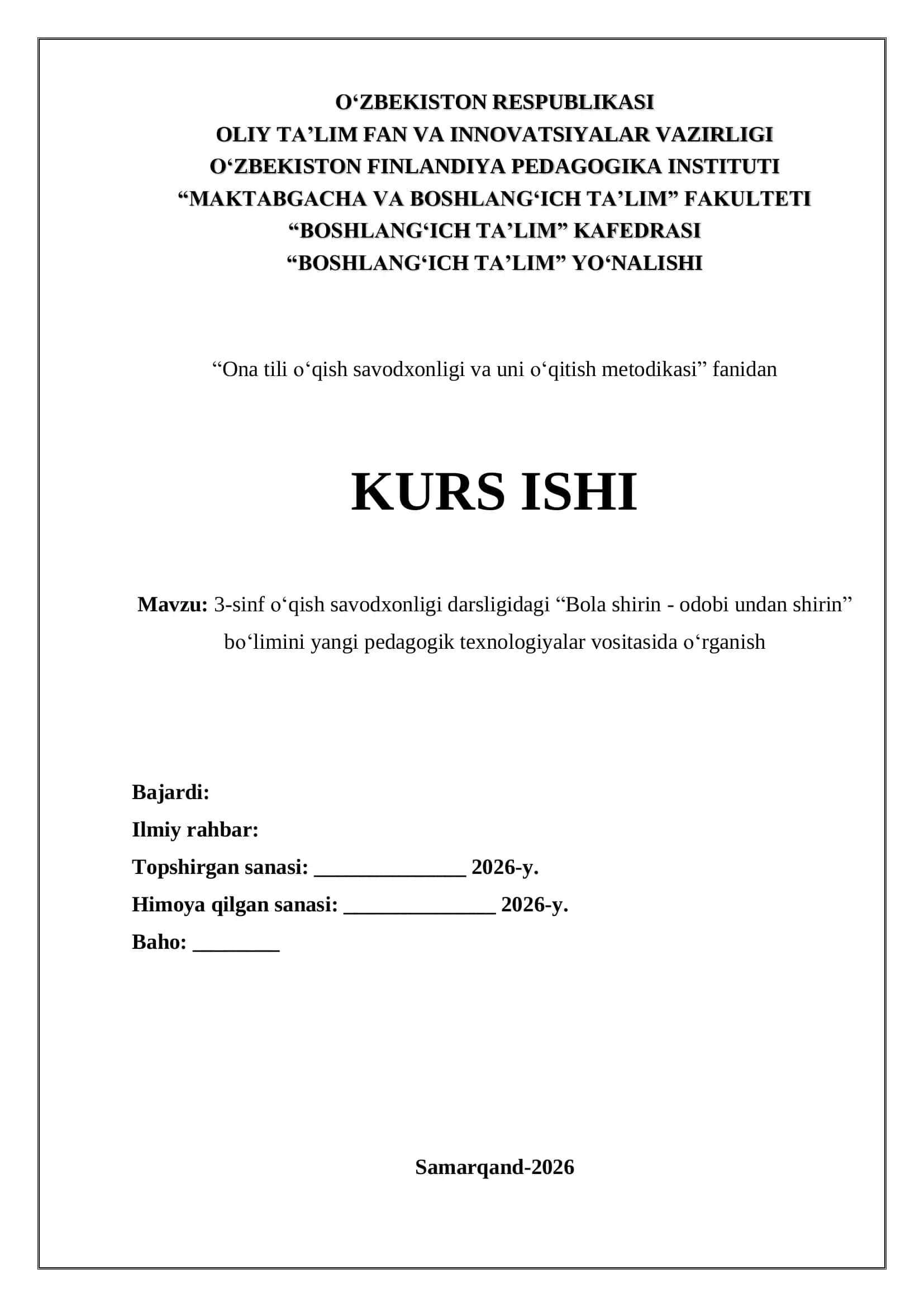 “Bola shirin - odobi undan shirin”