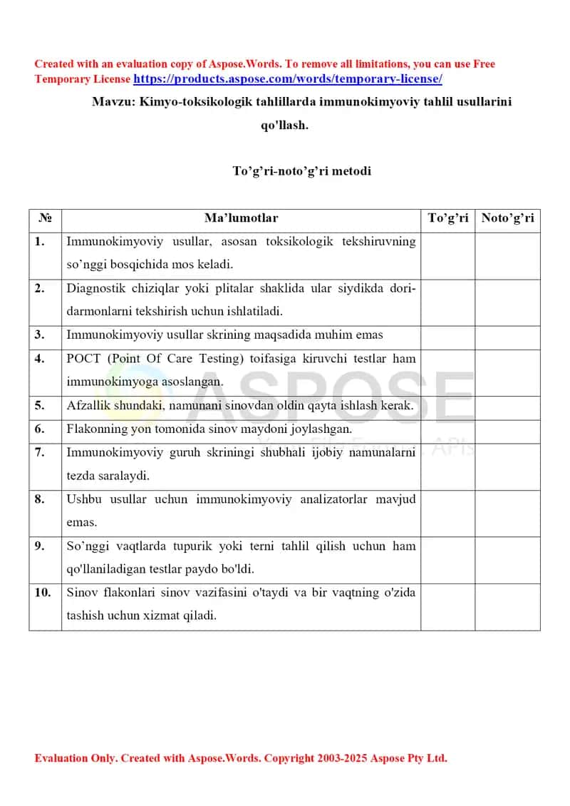 14. Kimyo-toksikologik tahlillarda immunokimyoviy tahlil usullarini qo'llash. To'g'ri-noto'g'ri metodi 2-xil.