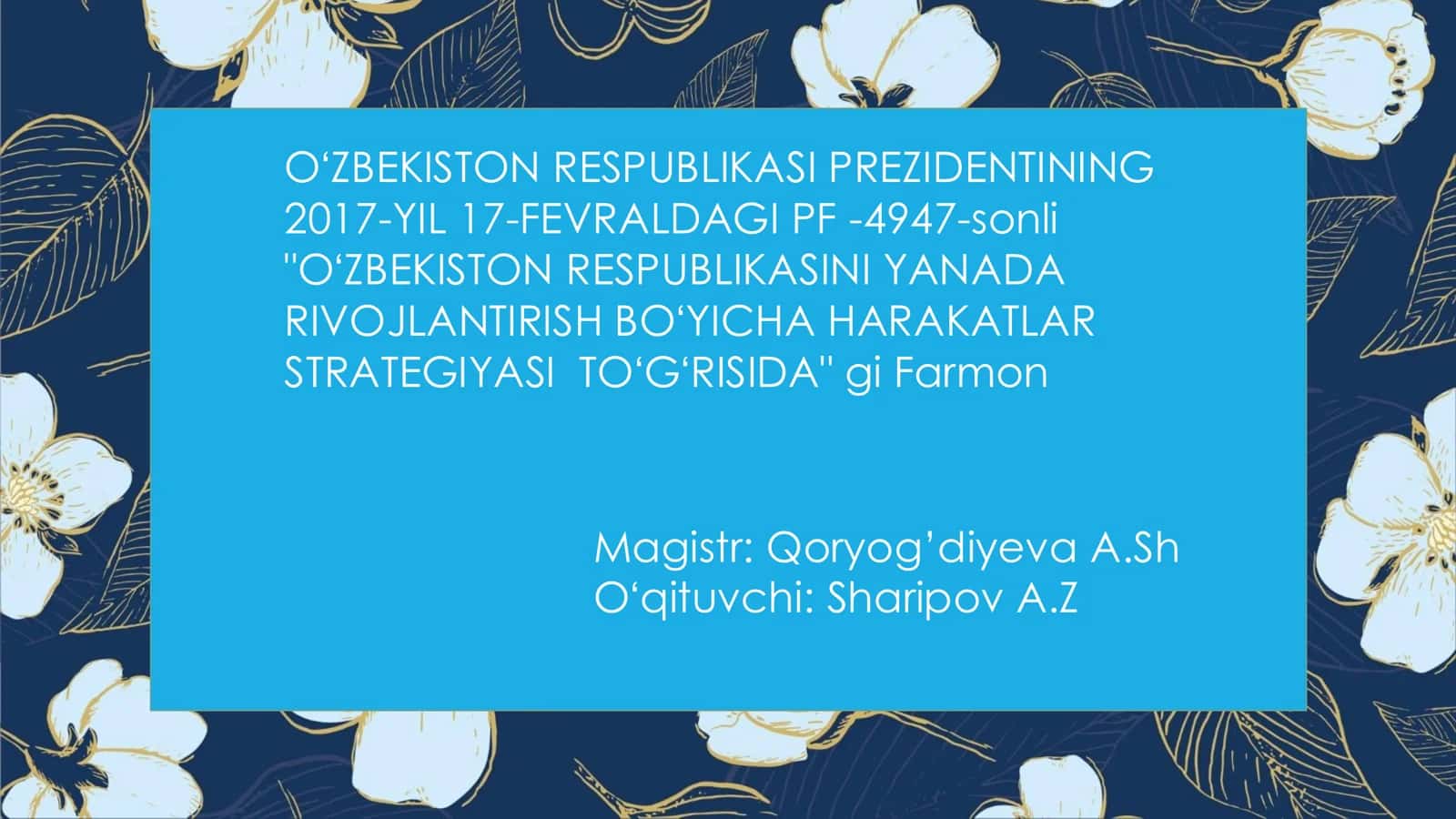 OʻZBEKISTON RESPUBLIKASINI YANADA RIVOJLANTIRISH BOʻYICHA HARAKATLAR STRATEGIYASI TOʻGʻRISIDA