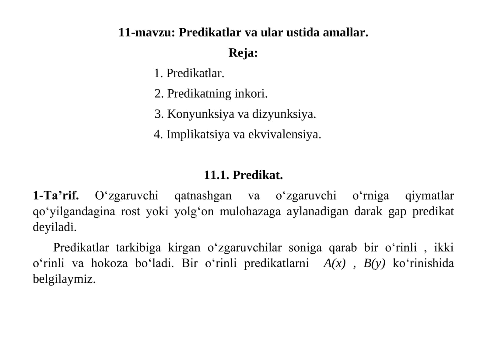 Predikatlar va ular ustida amallar