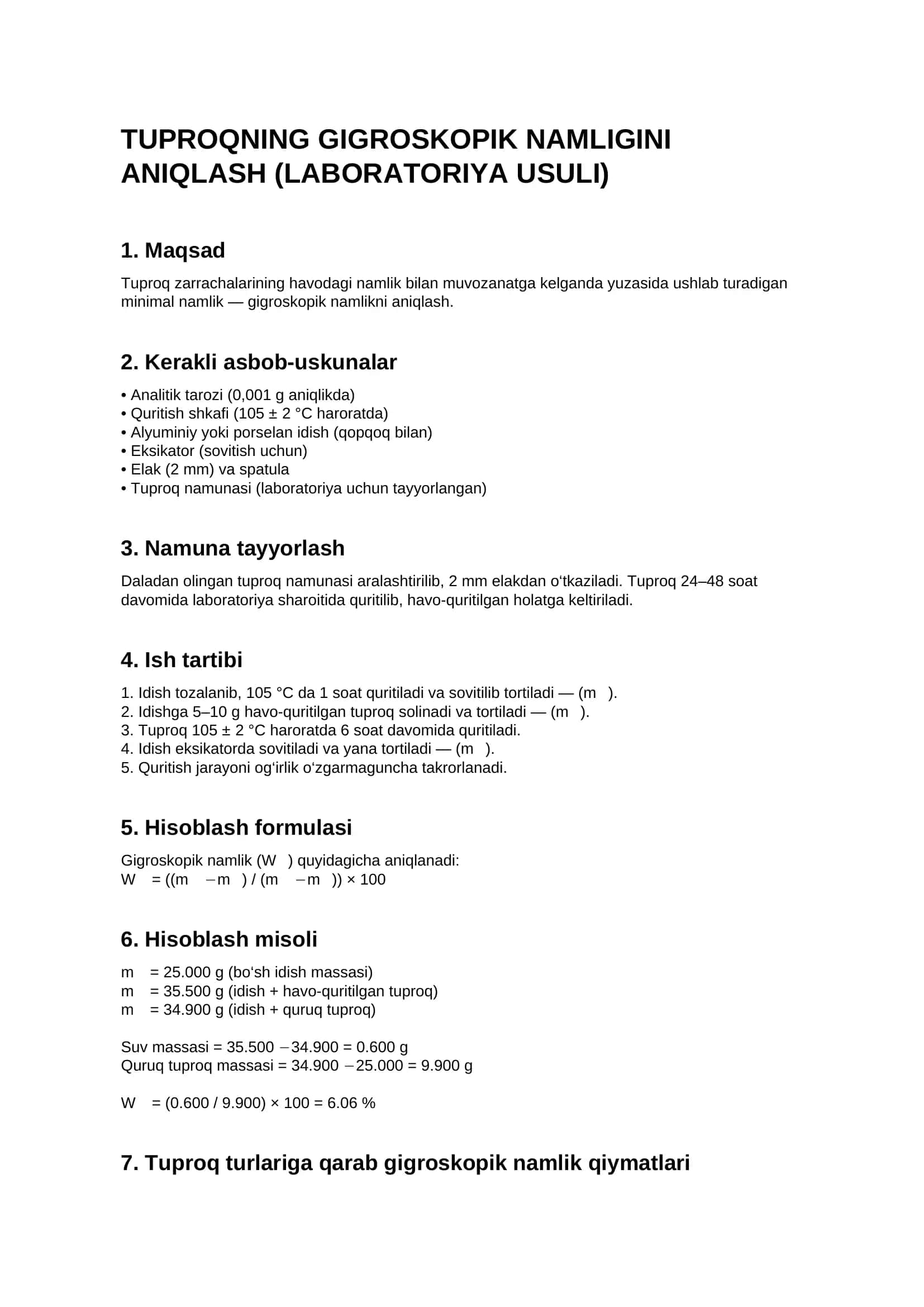 Tuproqning gigroskopik namligini aniqlash laboratoriya sharoitida aniqlash