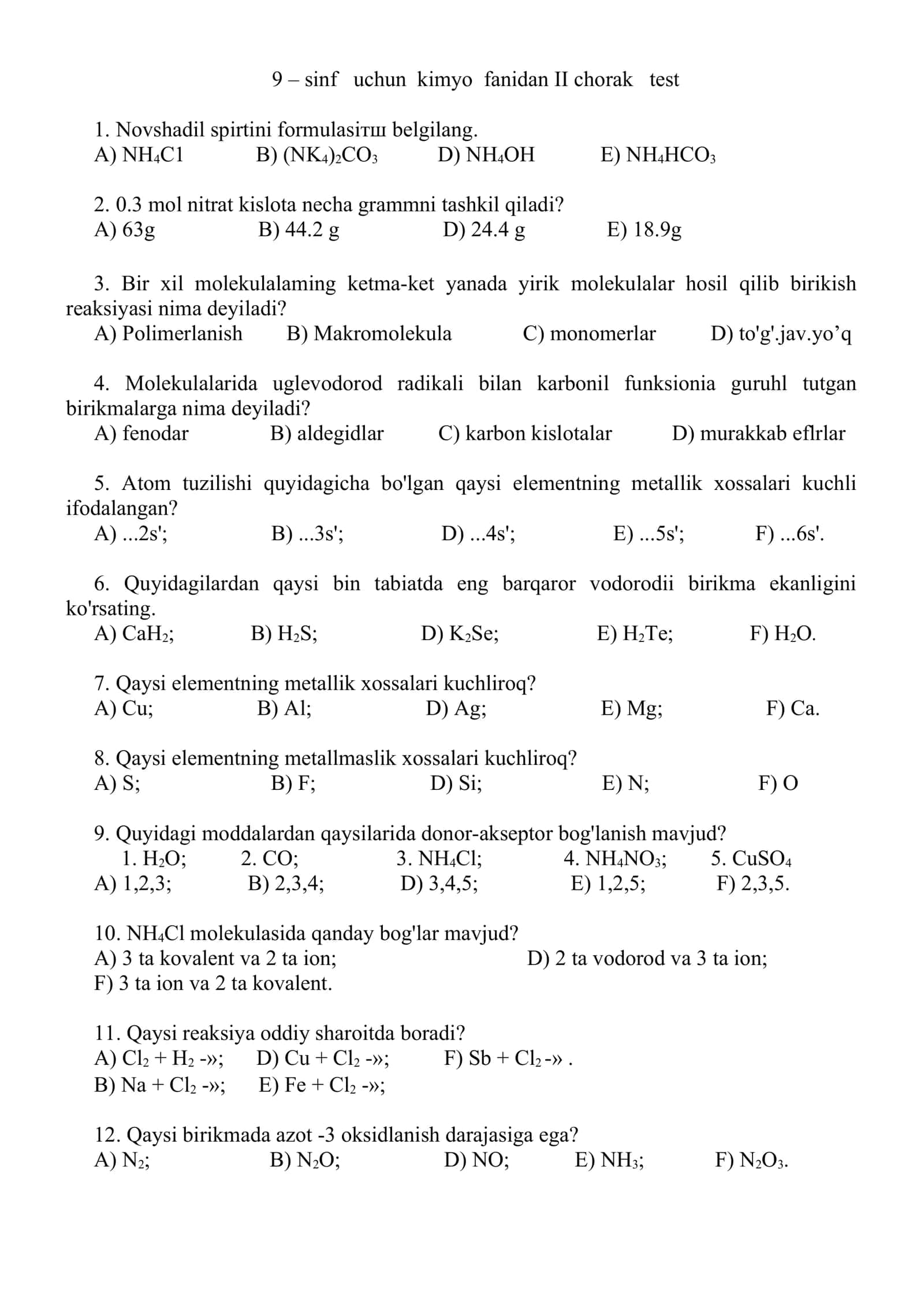 kimyo fanidan 9 sinf uchun testlar