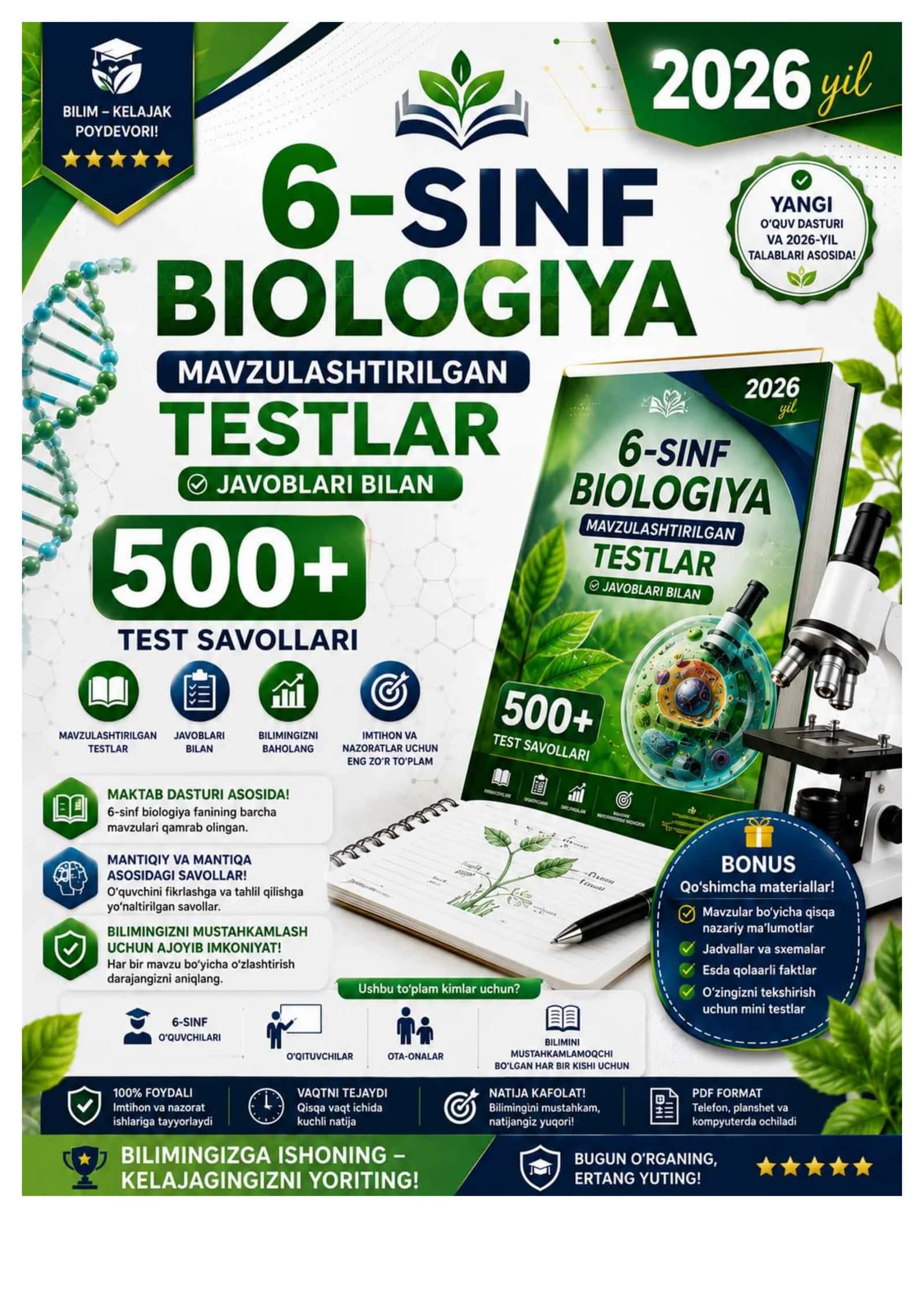 6-SINF BIOLOGIYA FANIDAN MAVZULASHTIRILGAN TESTLAR 500+ 2026 YIL