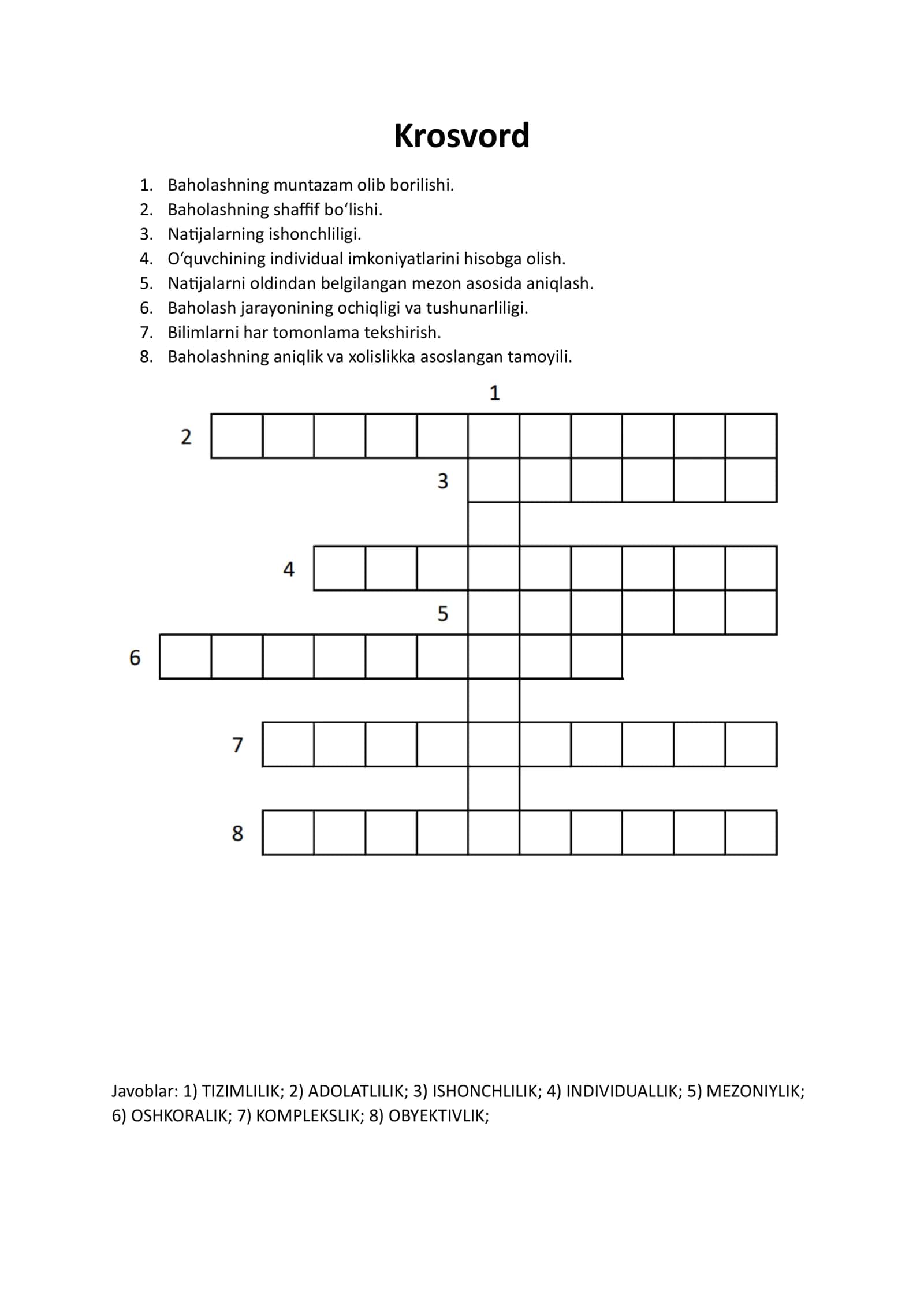 Ta’lim olganlikni tashxis etish tamoyillari. Krossvord