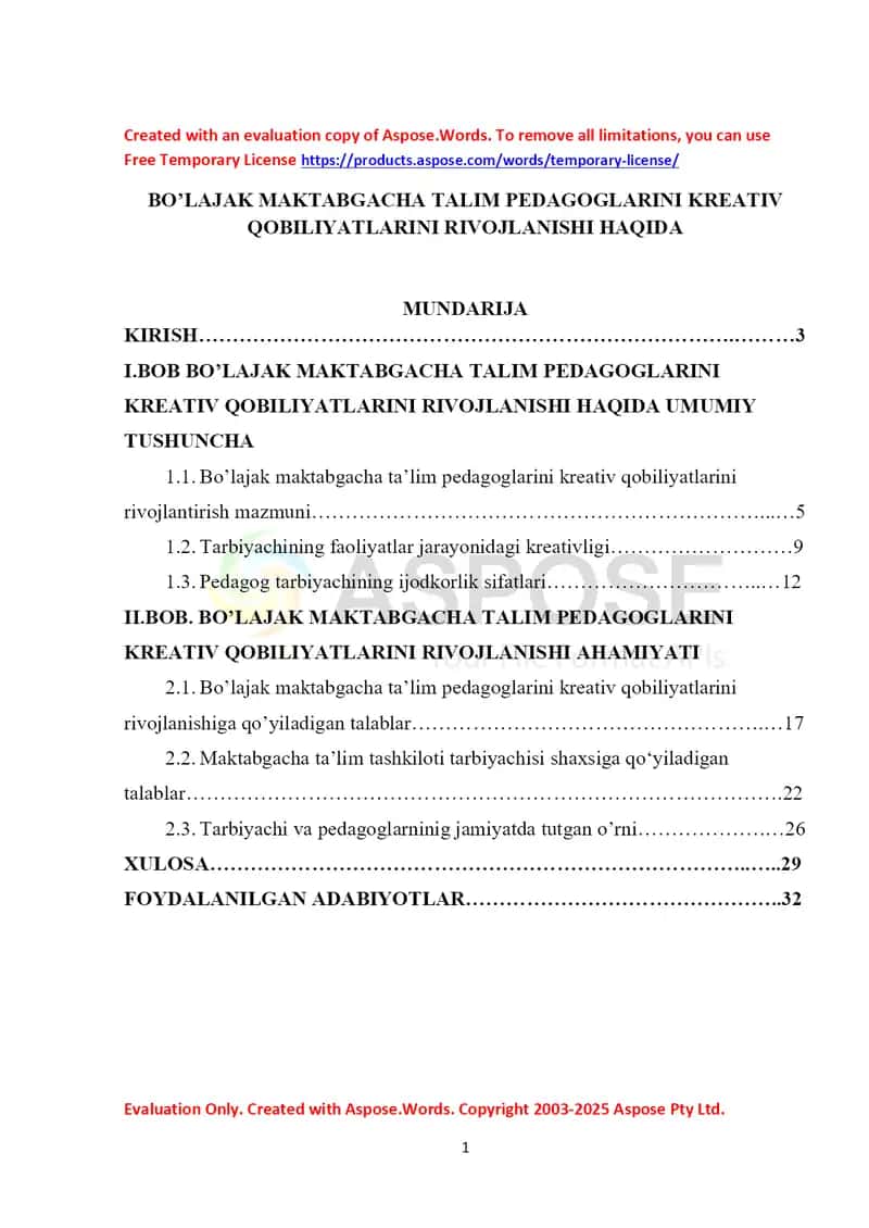 Kurs ishi “Bo‘lajak maktabgacha ta’lim pedagoglarini kreativ qobiliyatlarini rivojlantirish”