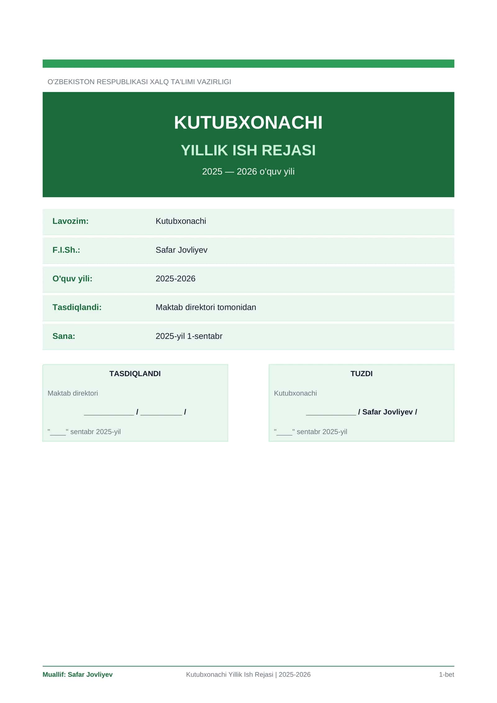Kutubxonachi Yillik Ish Rejasi | 2025-2026