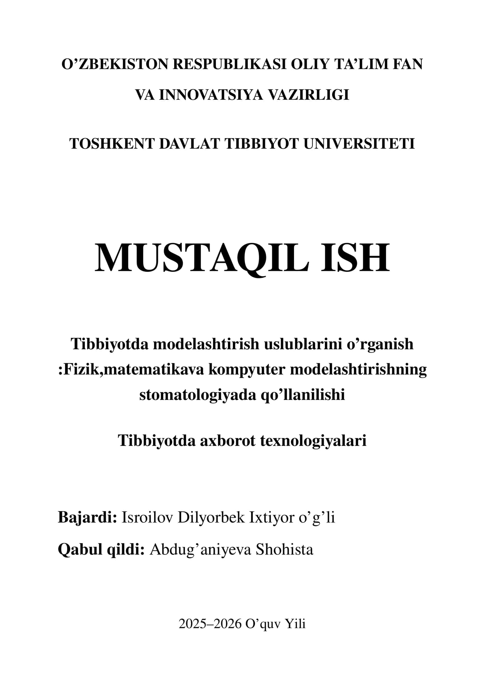 Tibbiyotda modelashtirish uslublarini o’rganish