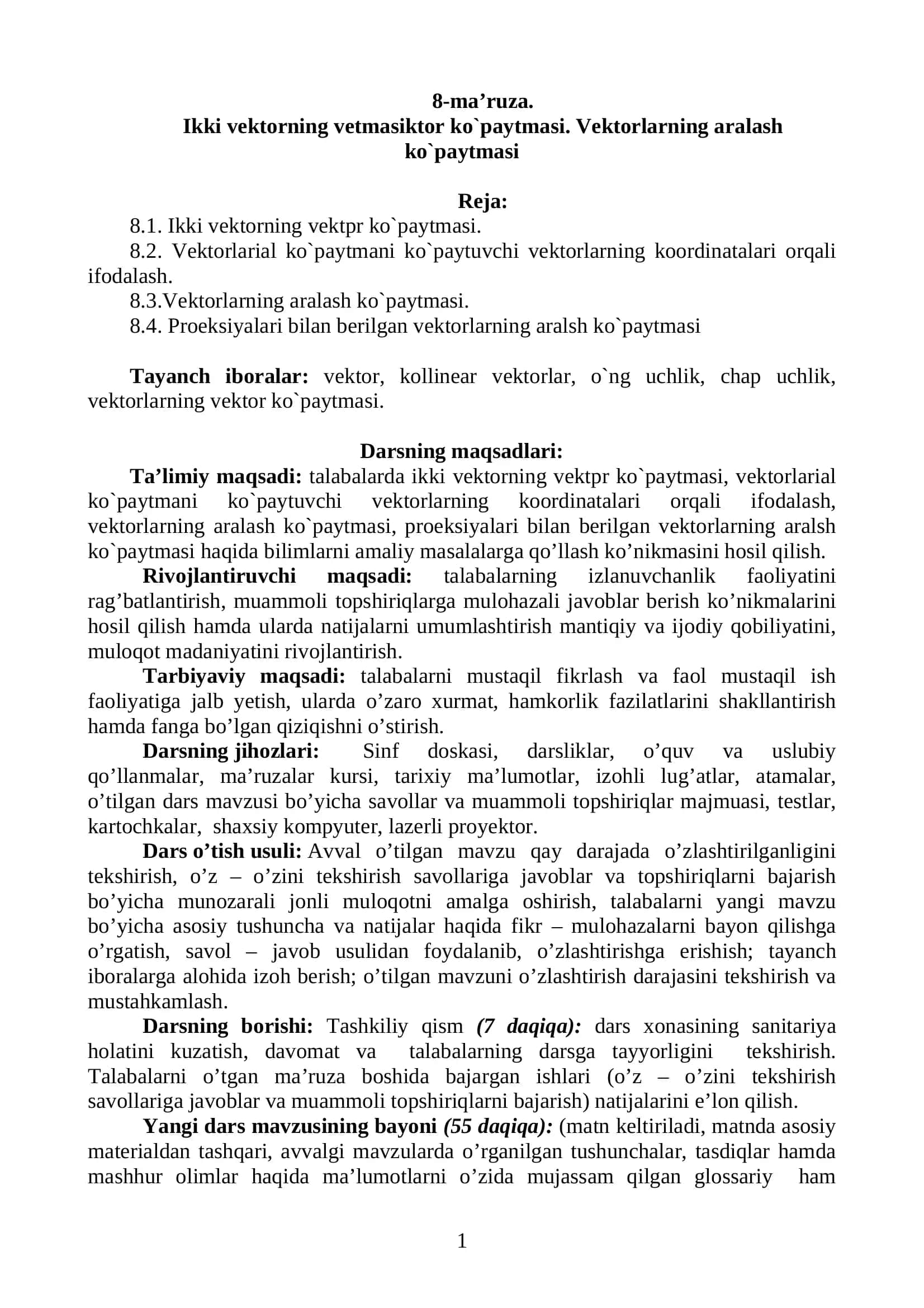 Oliy matematika: vektorlarning vektorial va aralash ko‘paytmasi (PDF)