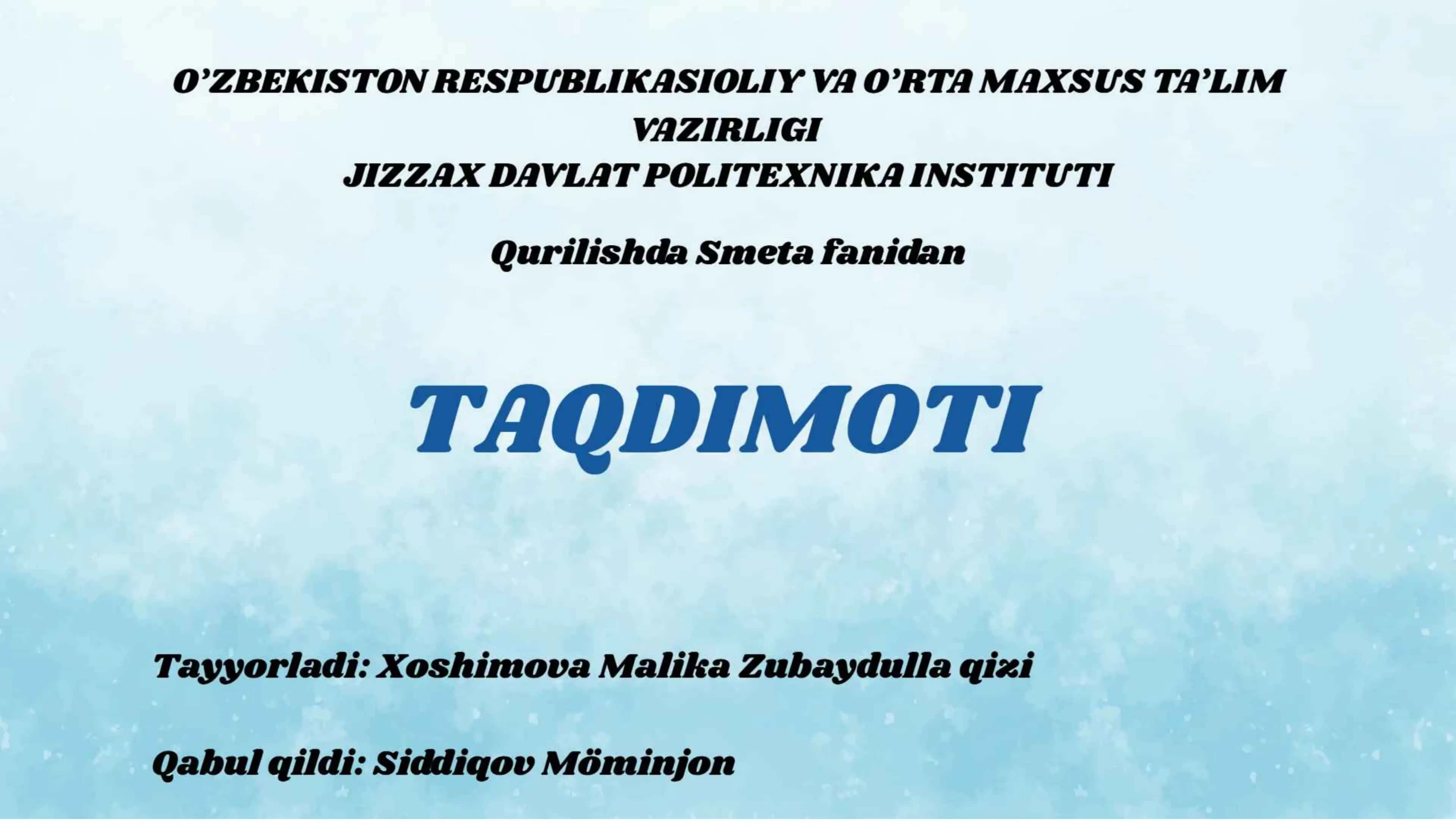 OB'EKT QURILISHI QIYMATINI