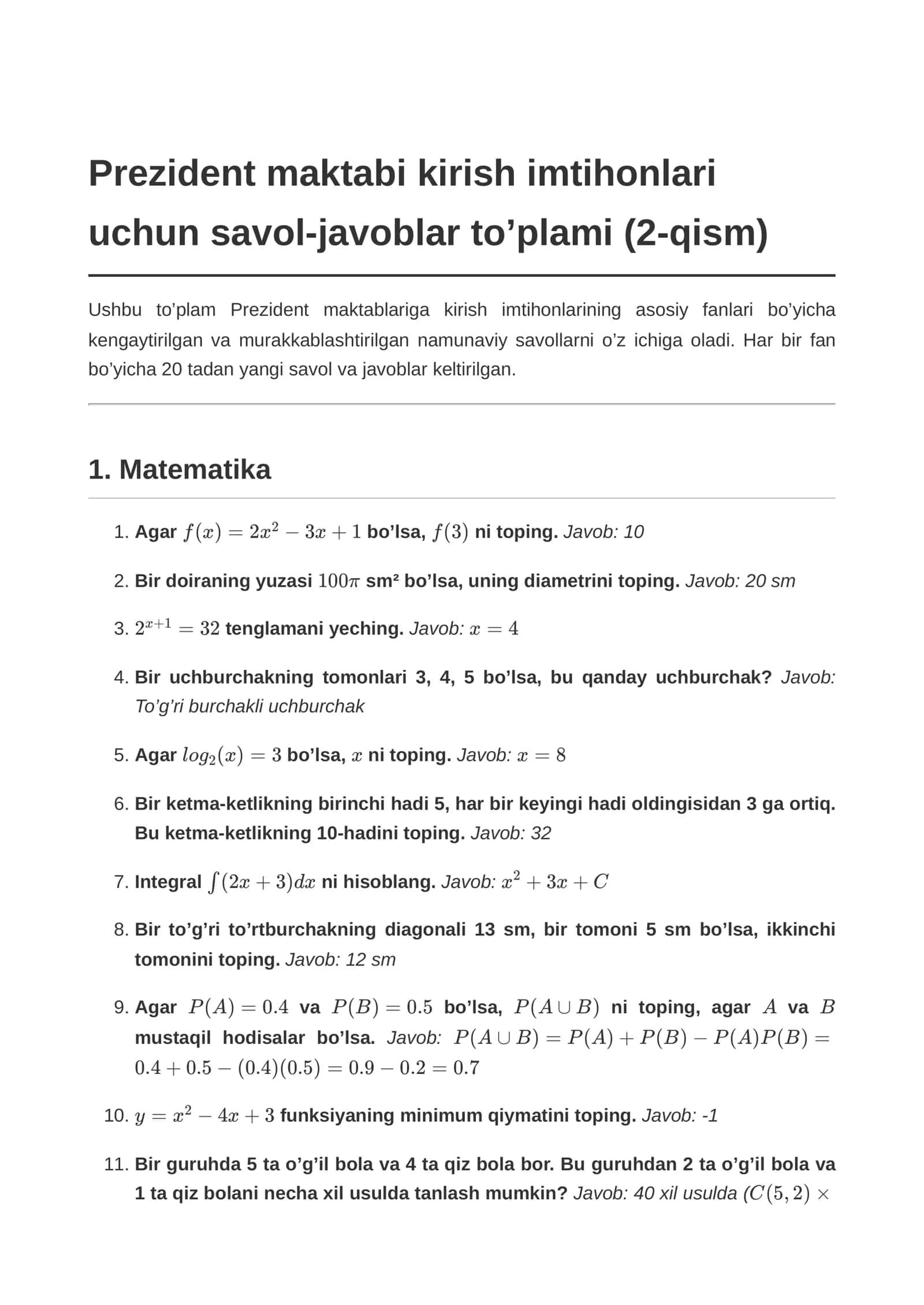 Prezident maktabi kirish imtihonlari uchun savol-javoblar to’plami (2-qism)