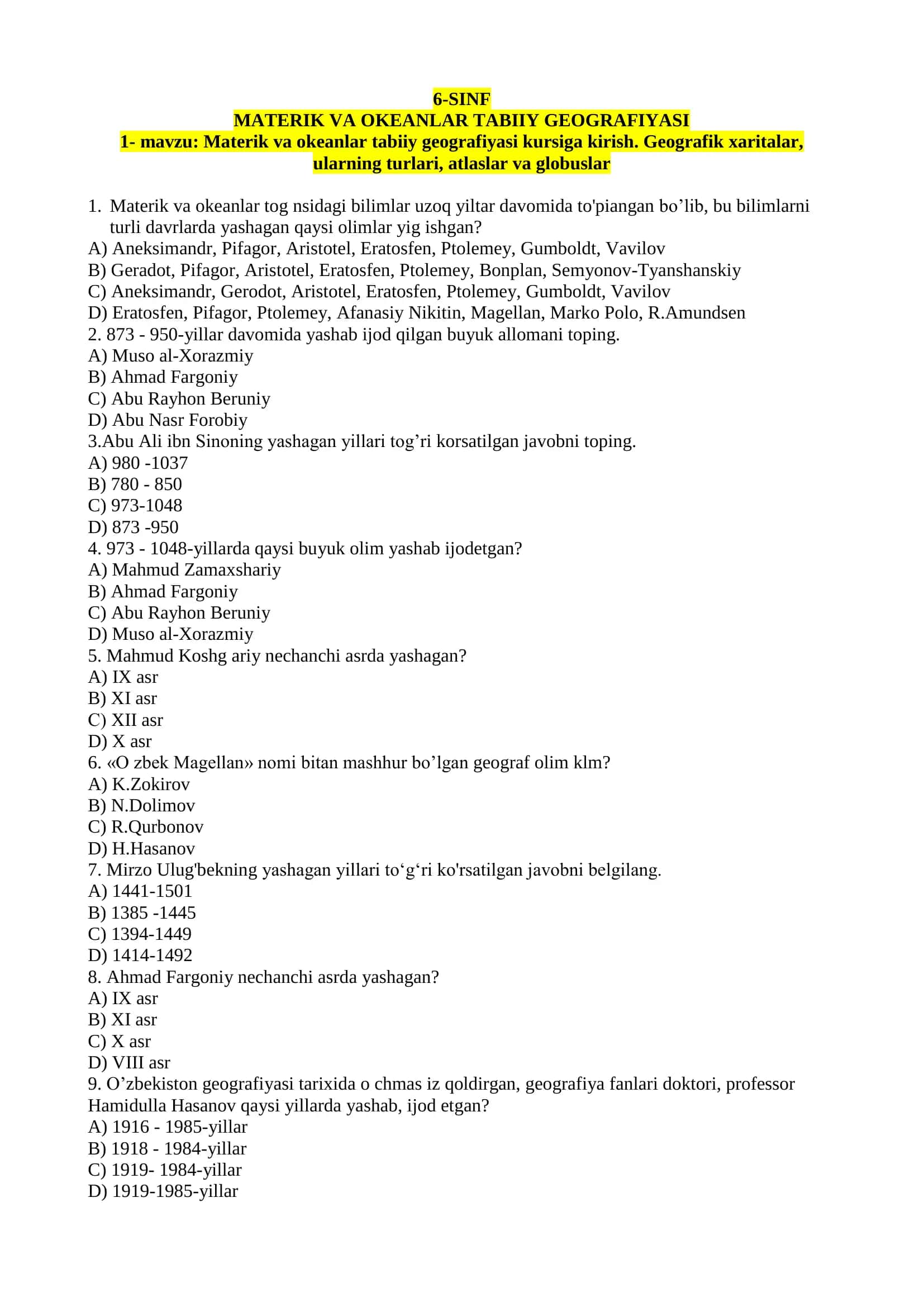 MATERIK VA OKEANLAR TABIIY GEOGRAFIYASI