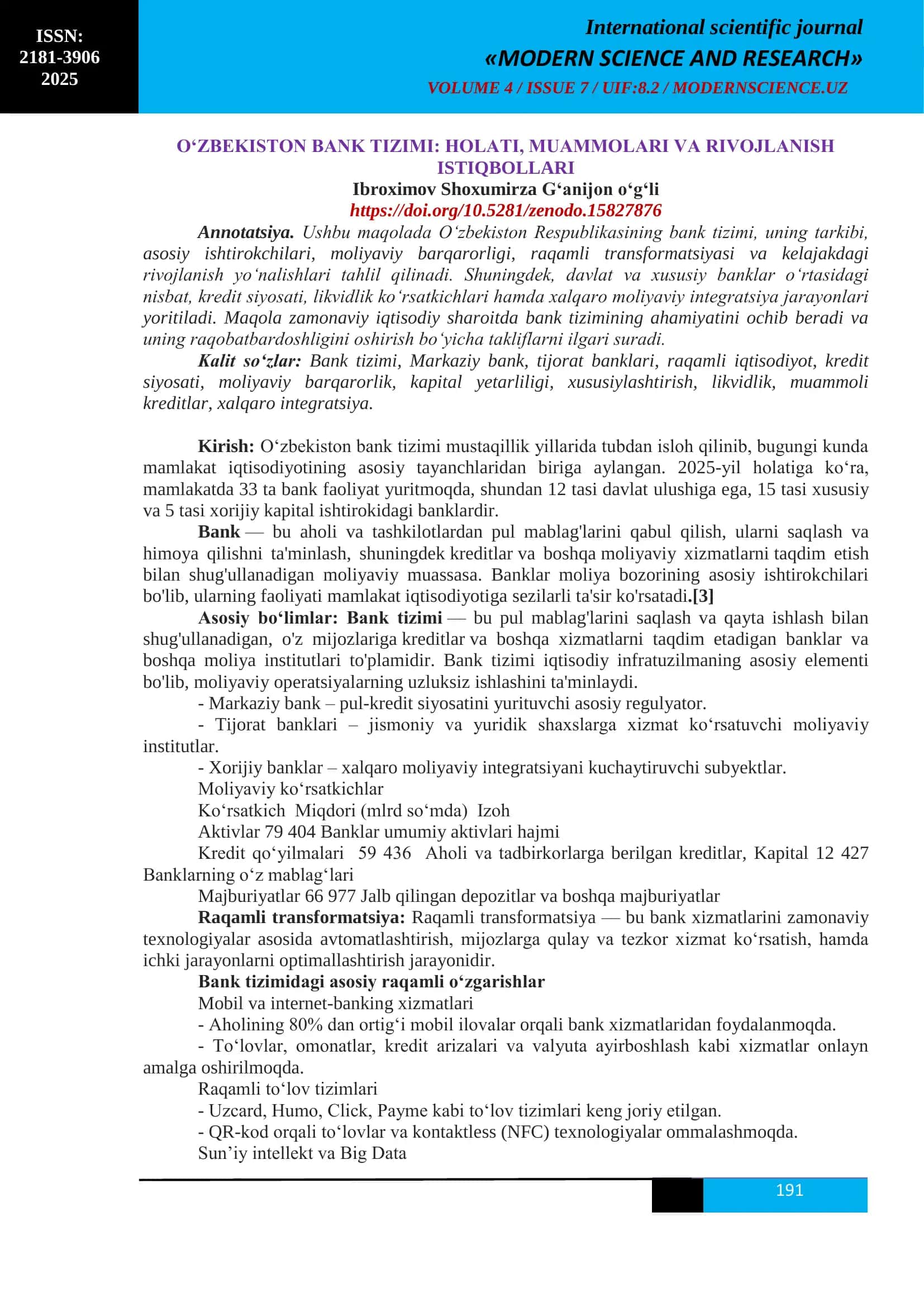 O‘ZBEKISTON BANK TIZIMI: HOLATI, MUAMMOLARI VA RIVOJLANISH ISTIQBOLLARI