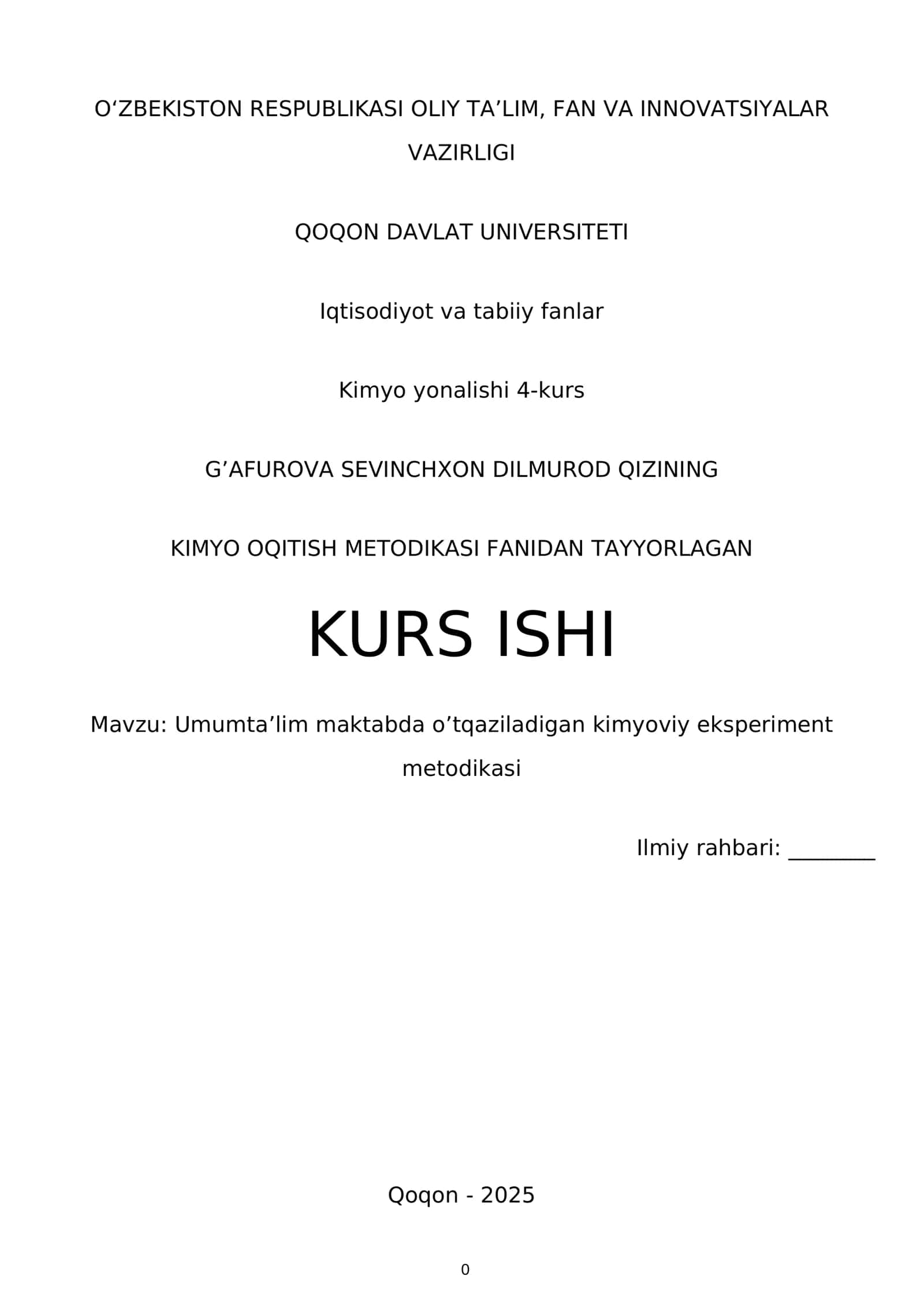 Umum taʼlim maktablarida kimyo fanini oʻqitish metodikasi