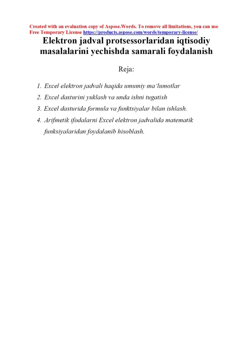 Elektron jadval protsessorlaridan iqtisodiy masalalarini yechishda samarali foydalanish