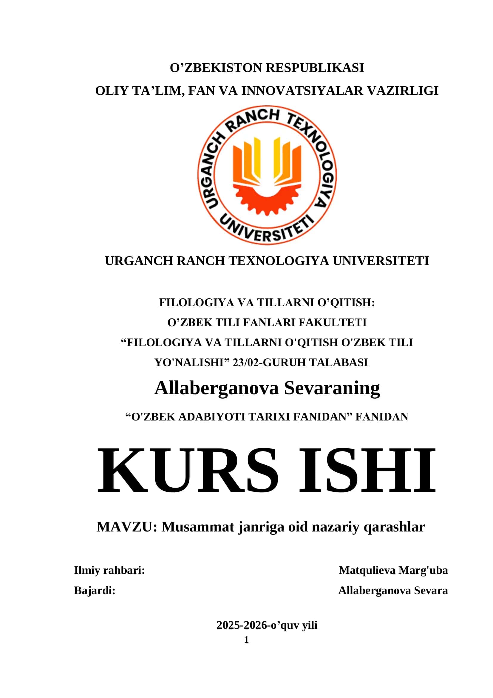 Musammat janriga oid nazariy qarashlar Ilmiy ishi