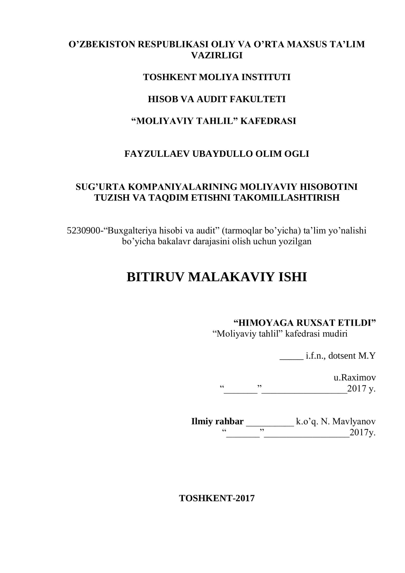 Sug’urta kompaniyalarining moliyaviy hisobotini tuzish va taqdim etishni na azariy hamda uslubiy asoslari