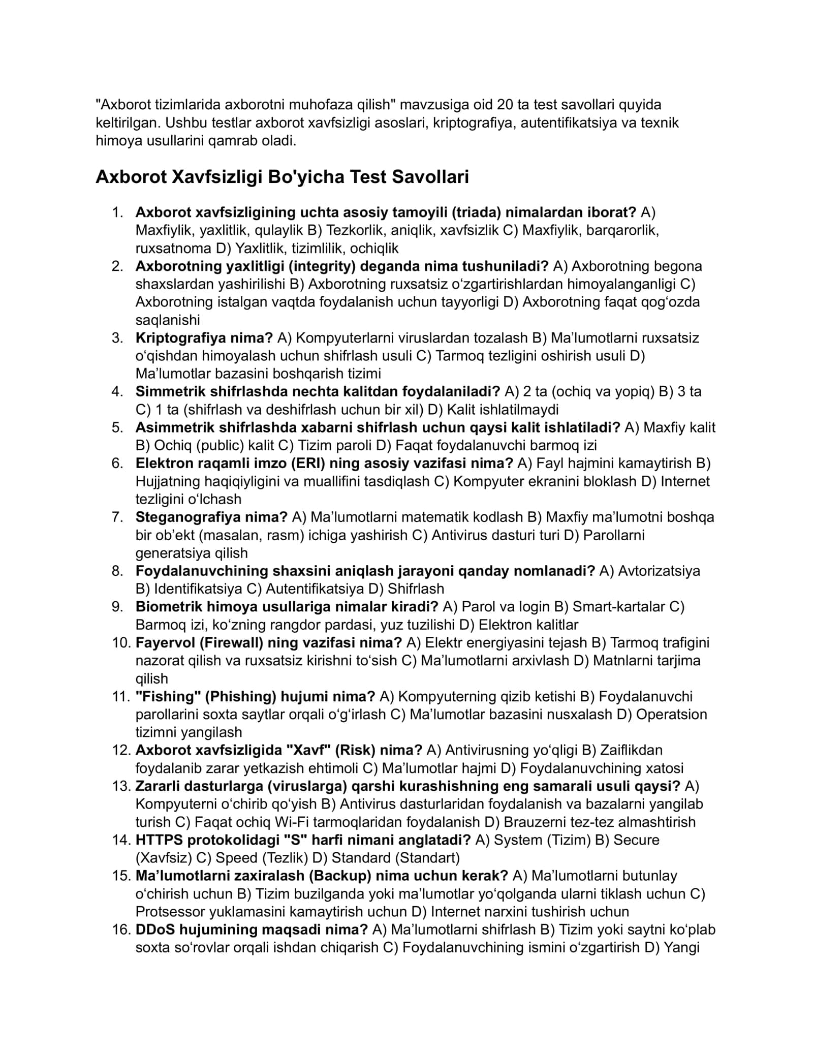 Axborot xavfsizligi fanidan test