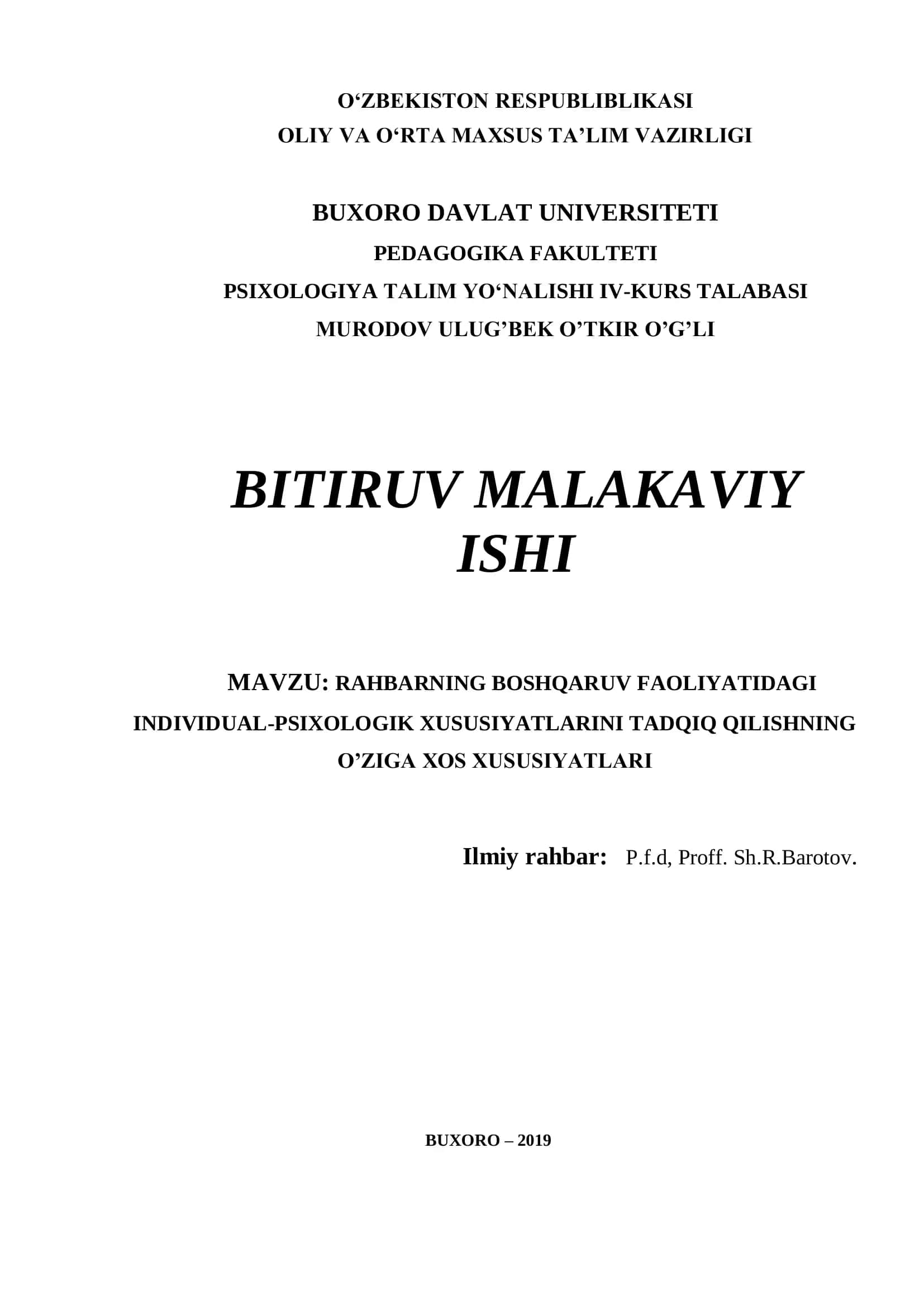 RAHBARNING BOSHQARUV FAOLIYATIDAGI INDIVIDUAL-PSIXOLOGIK XUSUSIYATLARINI TADQIQ QILISHNING O’ZIGA XOS XUSUSIYATLARI