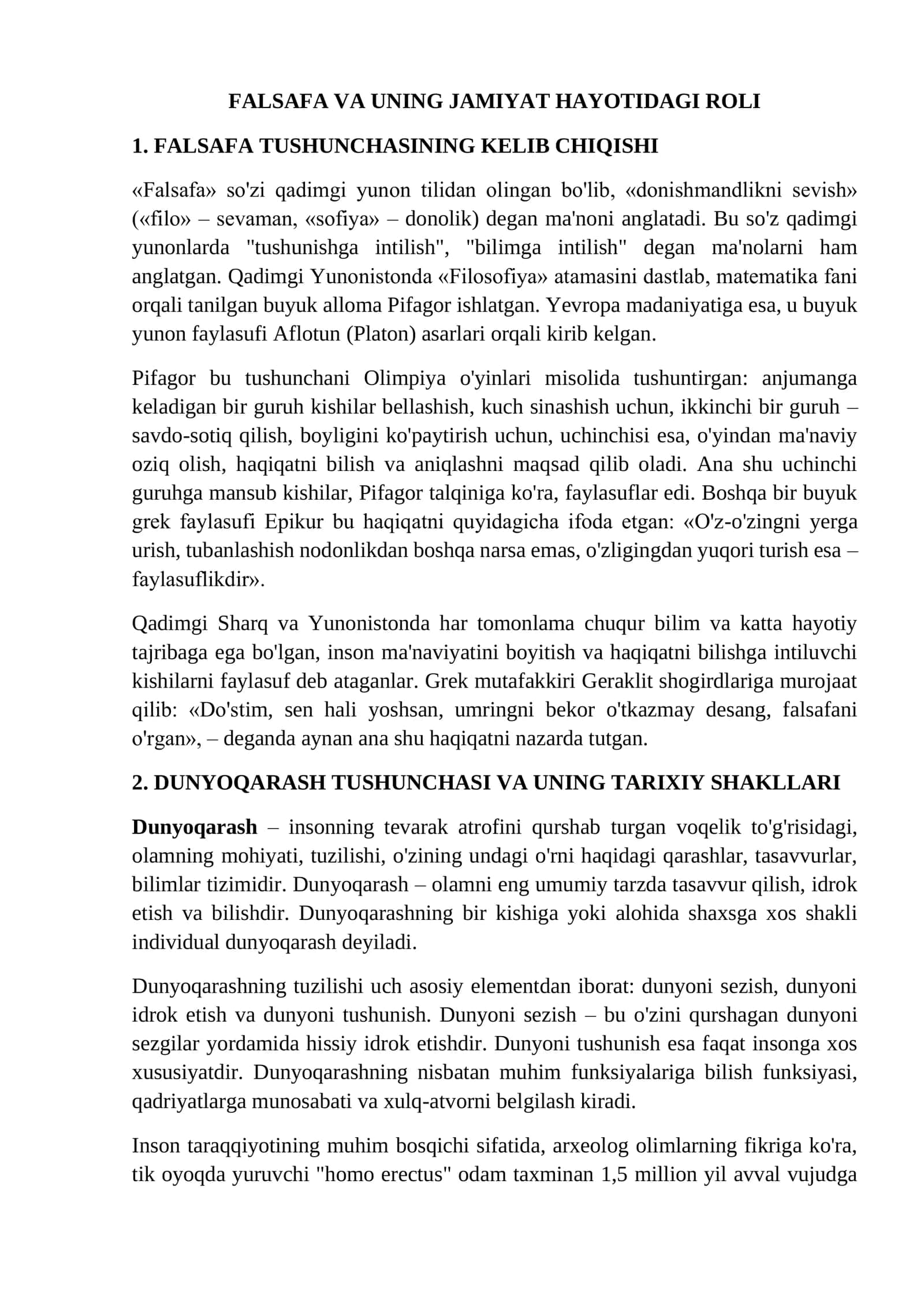 FALSAFA VA UNING JAMIYAT HAYOTIDAGI ROLI