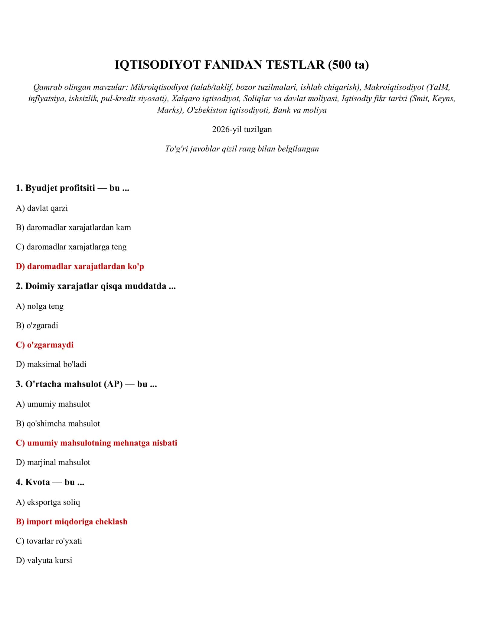 IQTISODIYOT FANIDAN TESTLAR (500 ta)