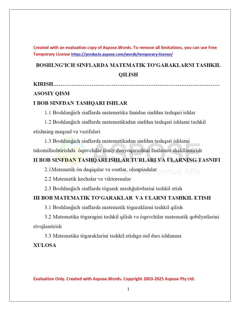 BOSHLANG‘ICH SINFLARDA MATEMATIK TO‘GARAKLARNI TASHKIL QILISH (kurs ishi)