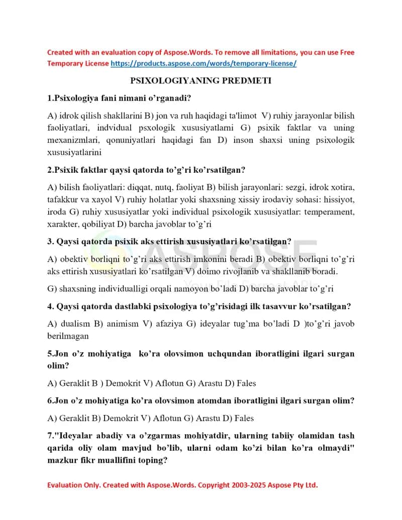 Psixologiyaning Predmeti