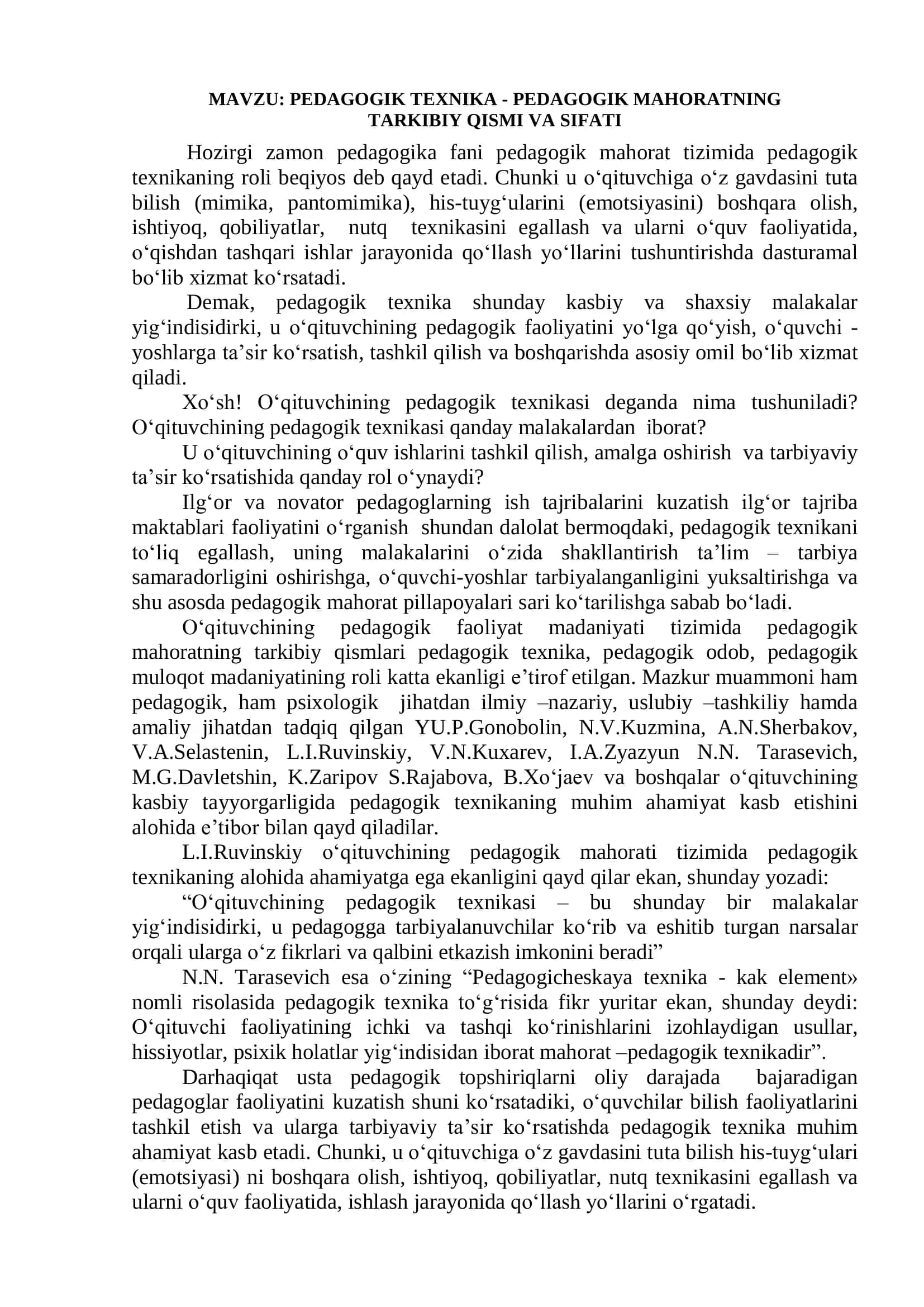 PEDAGOGIK TEXNIKA - PEDAGOGIK MAHORATNING