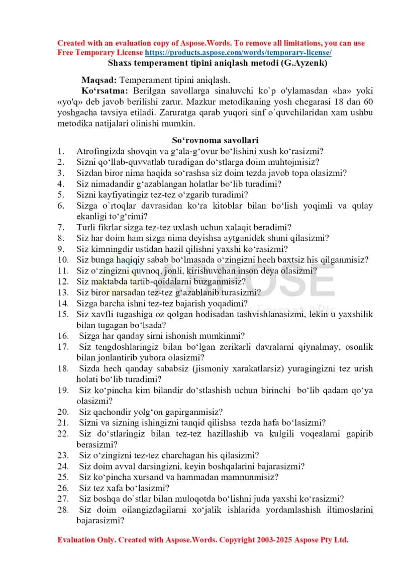 Shaxs temperament tipini aniqlash metodi (G.Ayzenk)