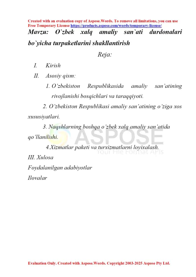 O`zbek xalq amaliy san`ati durdonalari bo`yicha turpaketlarini shakllantirish