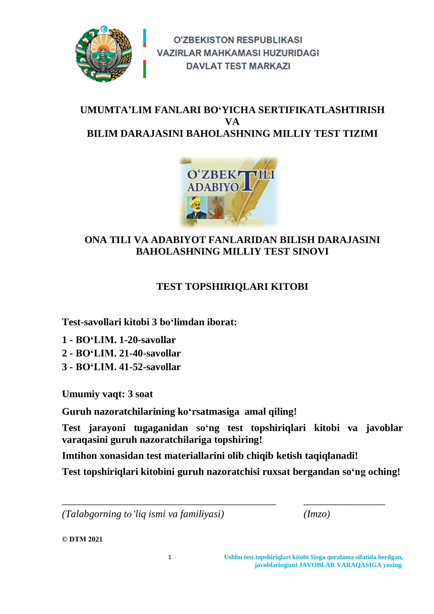 Ona tili Test Topshiriqlari Kitobi
