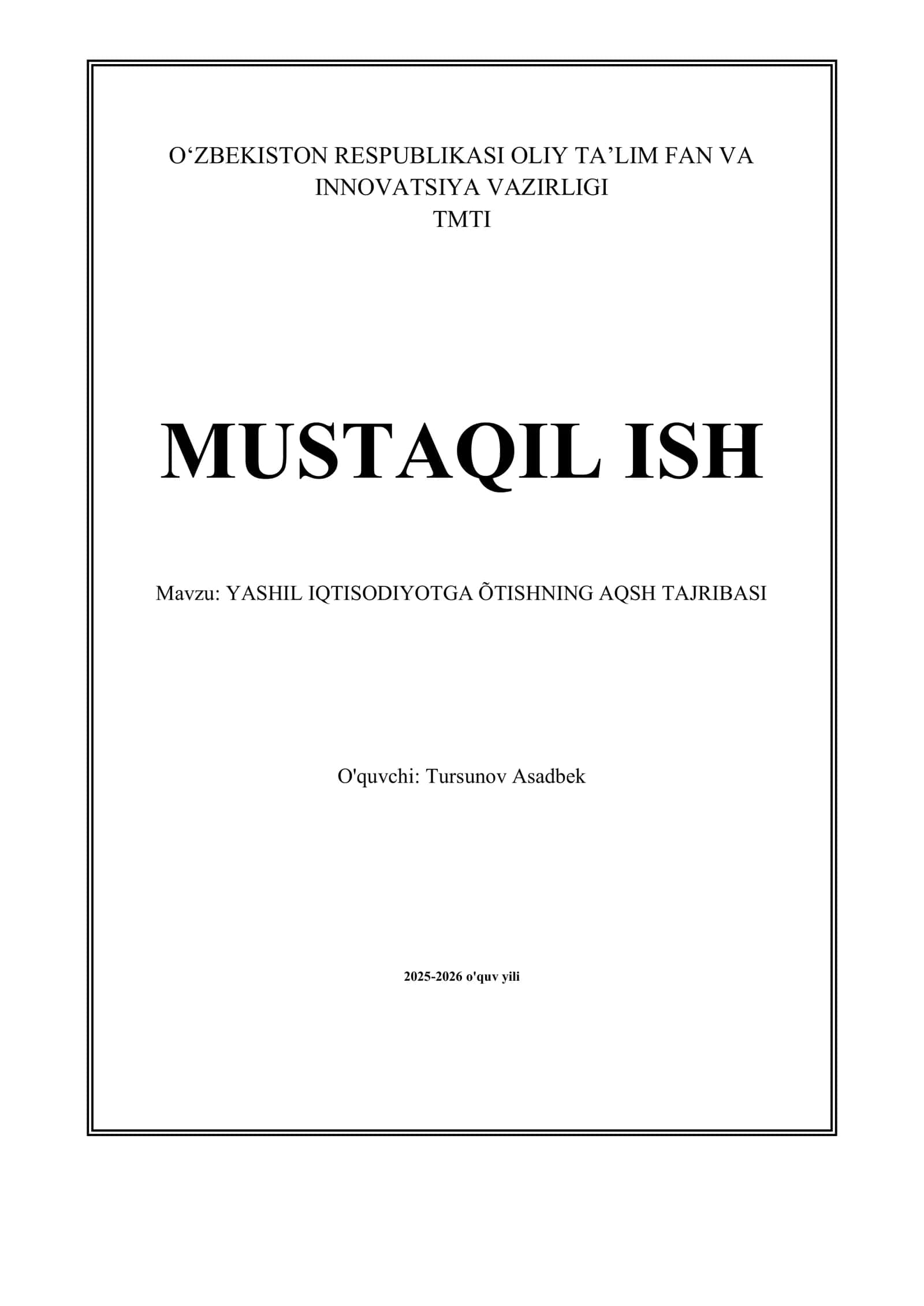 YASHIL IQTISODIYOTGA ÕTISHNING AQSH TAJRIBASI
