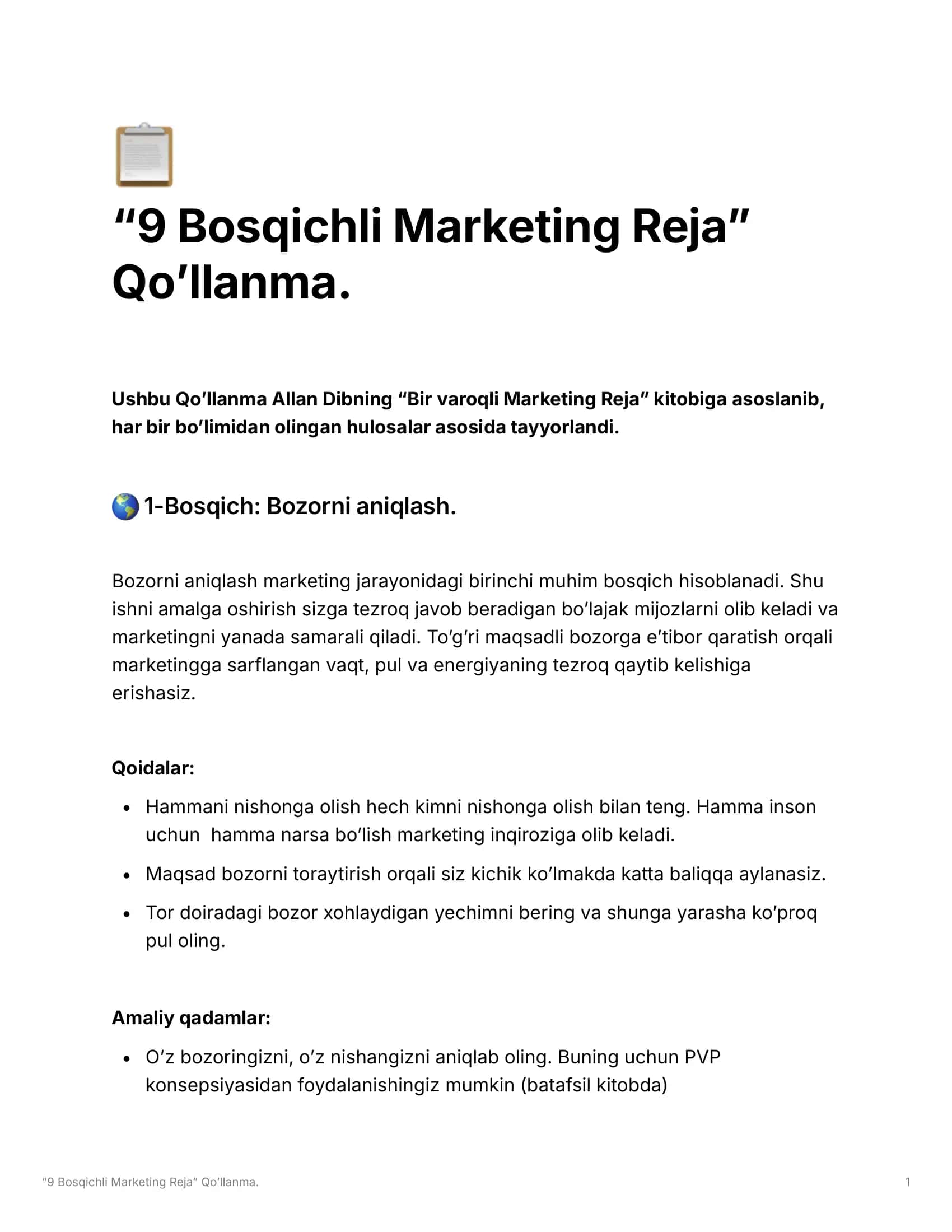 “9 Bosqichli Marketing Reja” Amaliy Qo’llanma!