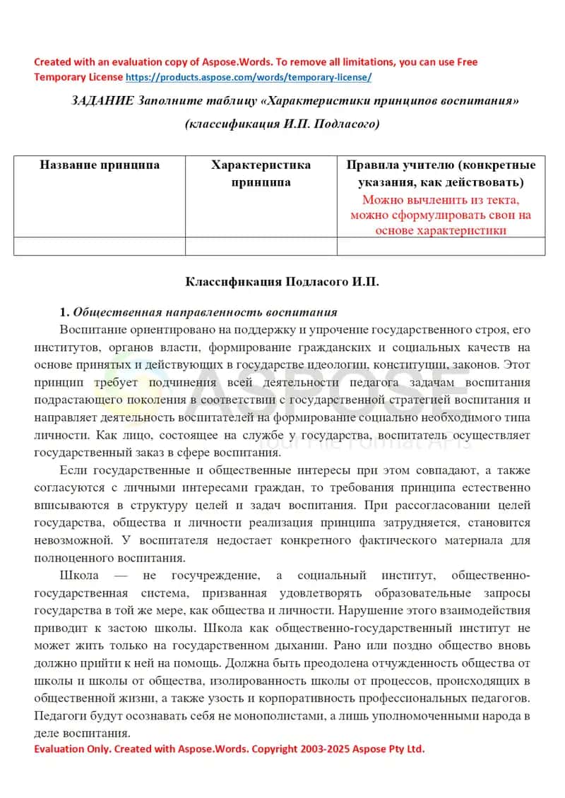 Характеристики принципов воспитания (классификация И.П. Подласого)