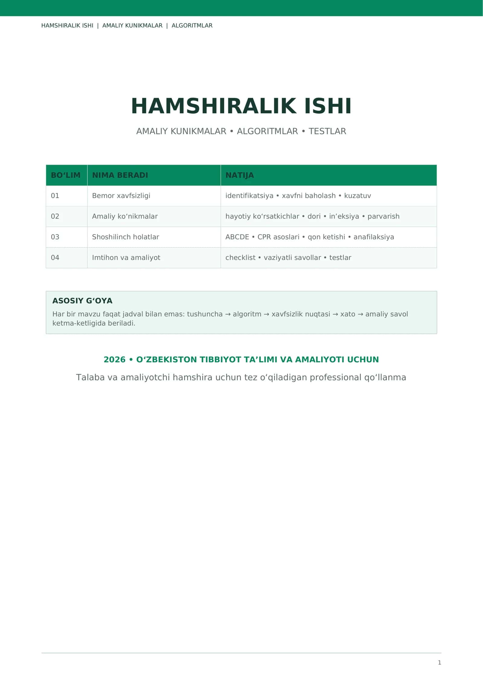 Hamshiralik ishi — Amaliy ko‘nikmalar, algoritmlar, testlar va checklist | Professional PDF