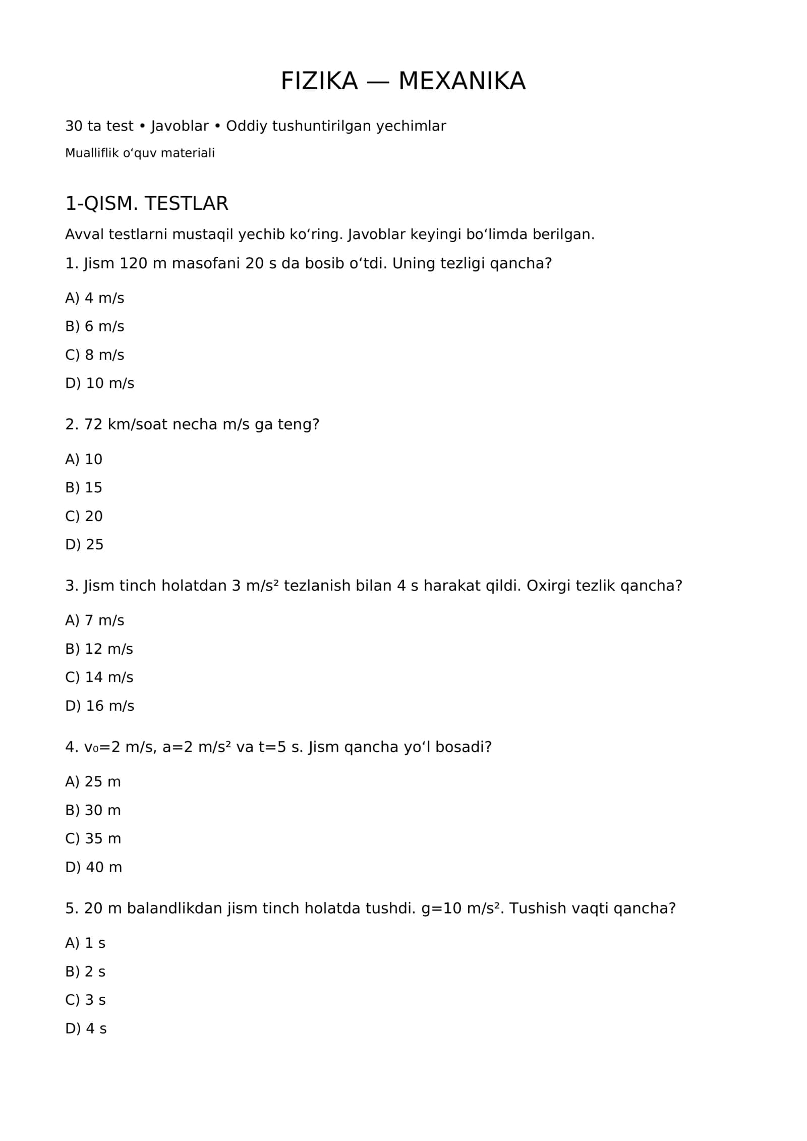 FIZIKA 30 talik testlar