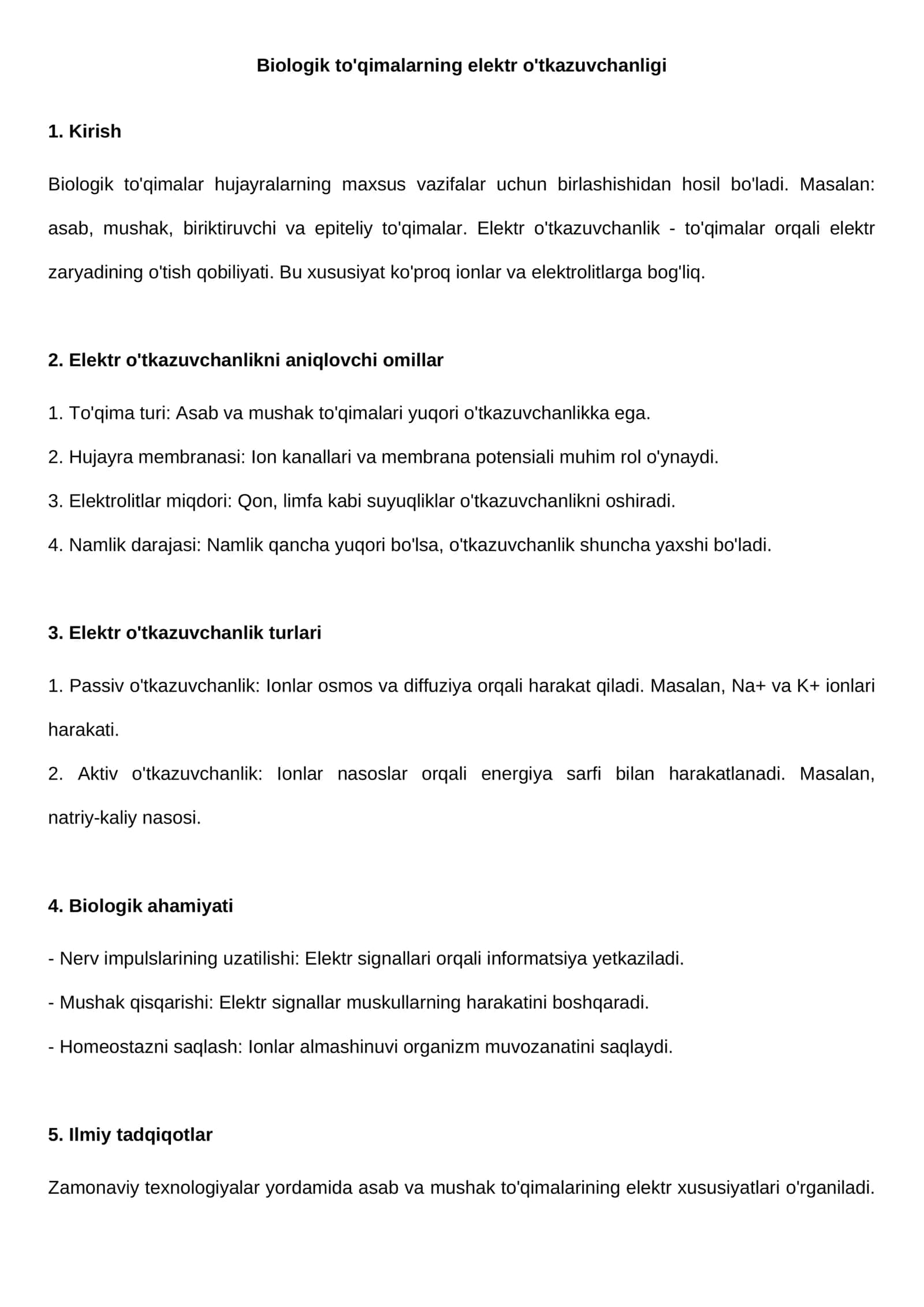 Biologik to'qimalarning elektr o'tkazuvchanligi