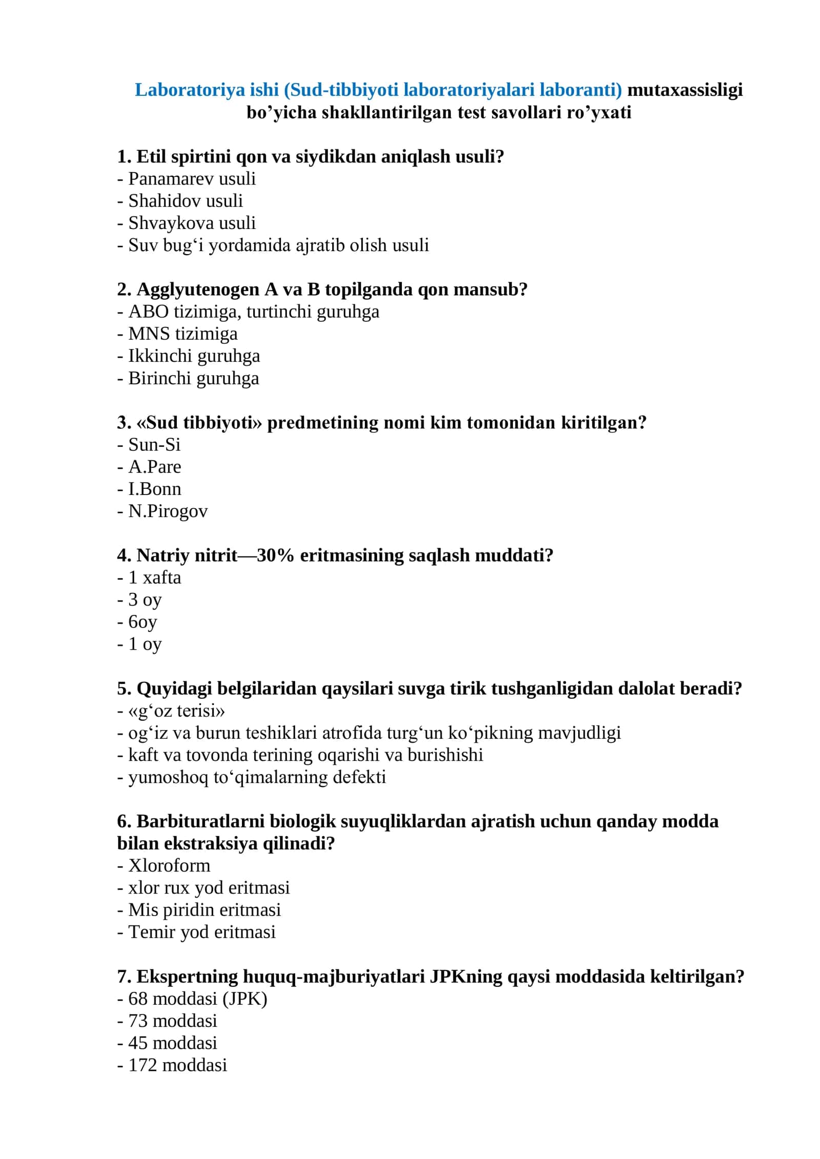 Laboratoriya ishi (Sud-tibbiyoti laboratoriyalari laboranti) mutaxassisligi bo’yicha shakllantirilgan test savollari ro’yxati